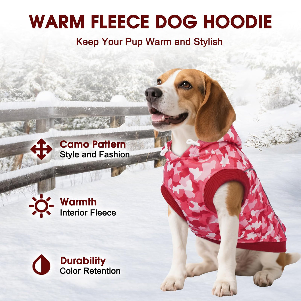 IECOii Camo Dog Hoodie Fleece Lined Dog Sweatshirt Pullover with Leash Hole and Reflective Stripes, Windproof Warm Hoodie for Medium Dogs Girl Boy, Fall Winter Outdoor Pet Hoodies, Pink Camo, XL