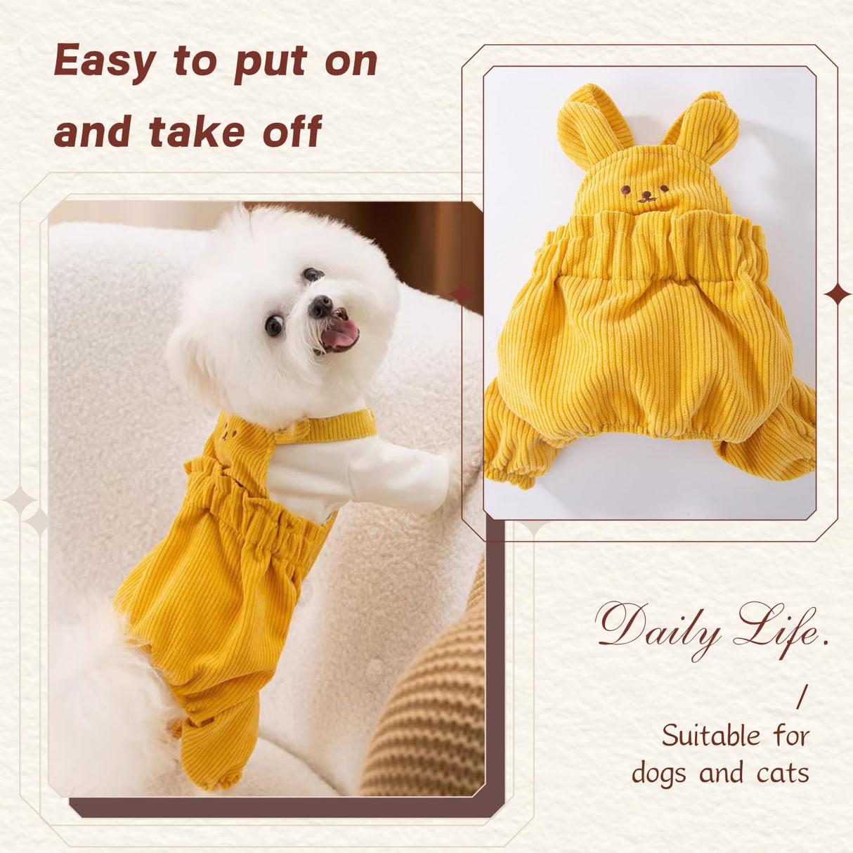 PayaSnug Bear Costume Dog Overalls for Small Dogs, Corduroy Dog Jumpsuit, Soft Puppy Romper for Fall and Winter, Cute Dog Onesie Outfit for Comfortable Pet Clothes for Cold Weather(Yellow Set, S)