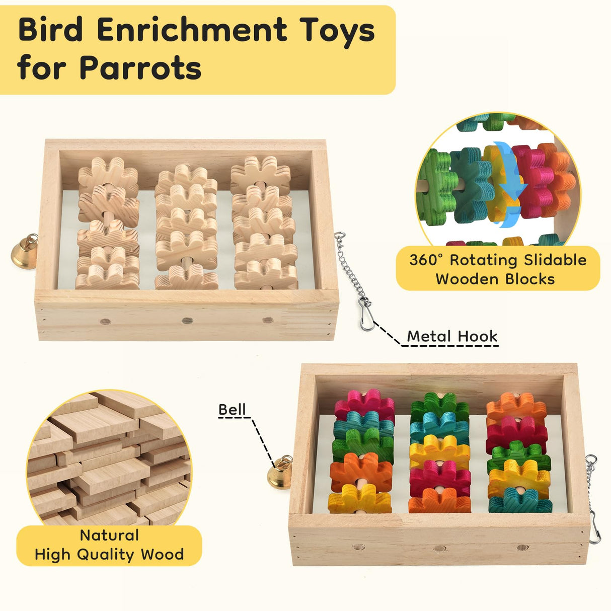 DBNESS 2Pcs Bird Toys, Hanging Parrot Chew Toy, Natural Wooden Chewing Puzzle Training Blocks Intellectual Development for Budgie, Conure, Lovebird, Cockatoo, African Grey, Amazon Parrots, Macaw
