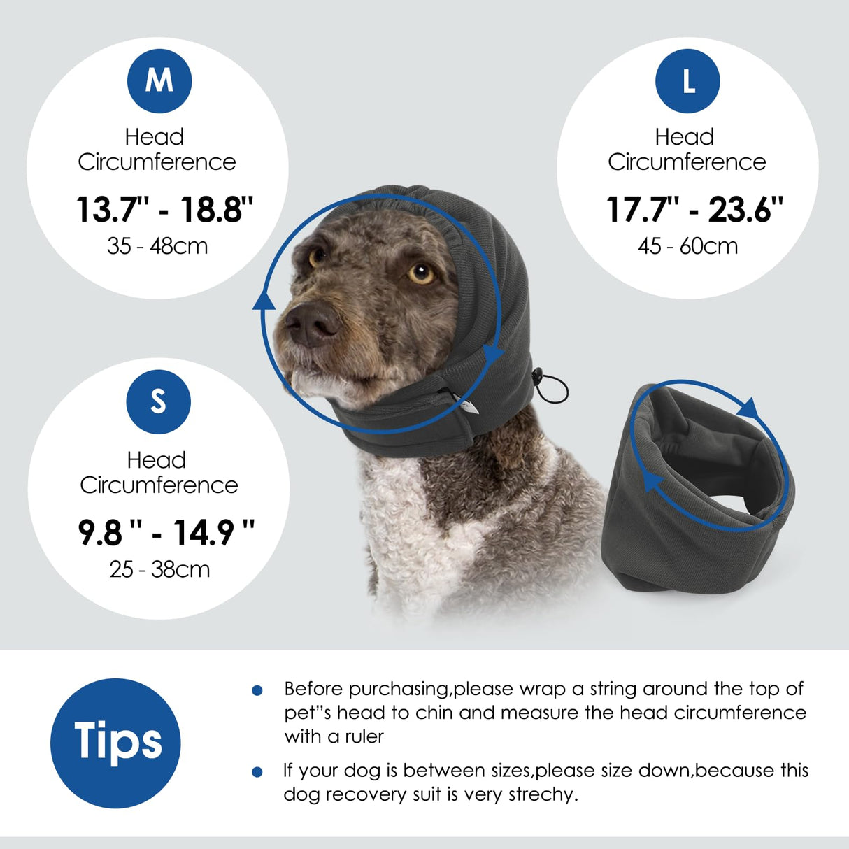 SUNFURA Dog Calming Hoodie, Dog Ear Muffs Noise Protection, Ear Wrap Hematoma for Dogs, Adjustable No Shake Head Cover Anxiety Relief, Grooming, Blow Drying, Fireworks, Thunderstorms, Grey S