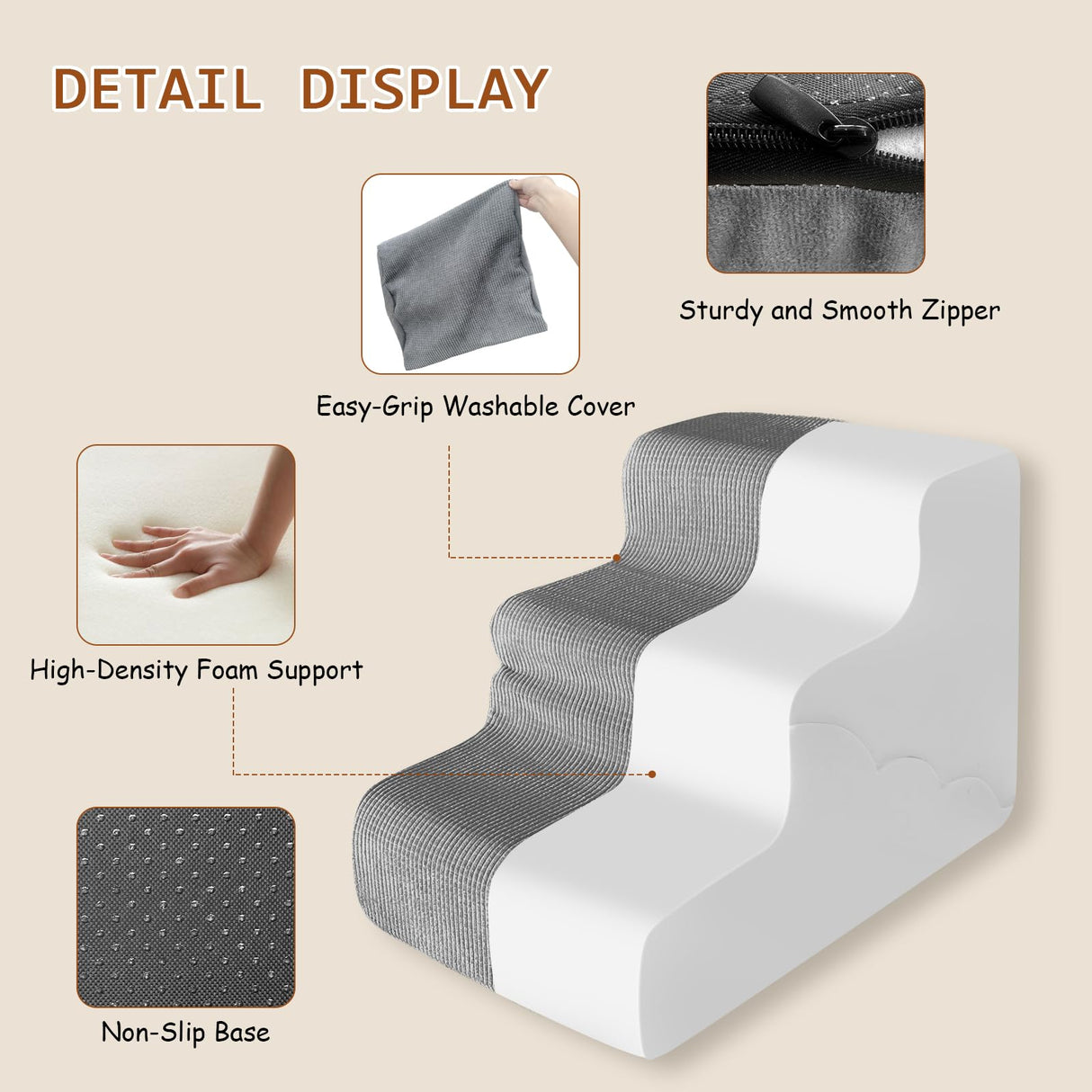 Pet Dog Stairs for Small Dogs, 2 in 1 Transformable 3-Step Pet Stairs and Wave Anti-Fall Slope for Short Legs and Long Legs Dog, for Couch (12-19 in) with Durable Non-Slip Waterproof Cover(Grey)