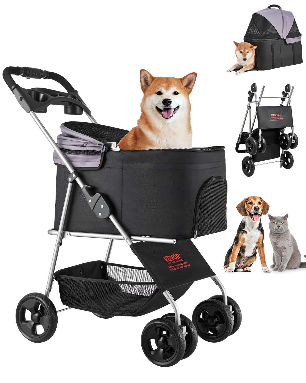 VEVOR Pet Stroller, 35 lbs Weight Capacity, Foldable Dog Stroller Cart, 4 Wheels Cats Strollers with with Detachable Carrier & Mesh Windows, Portable Design with Brake for Small to Medium Pets