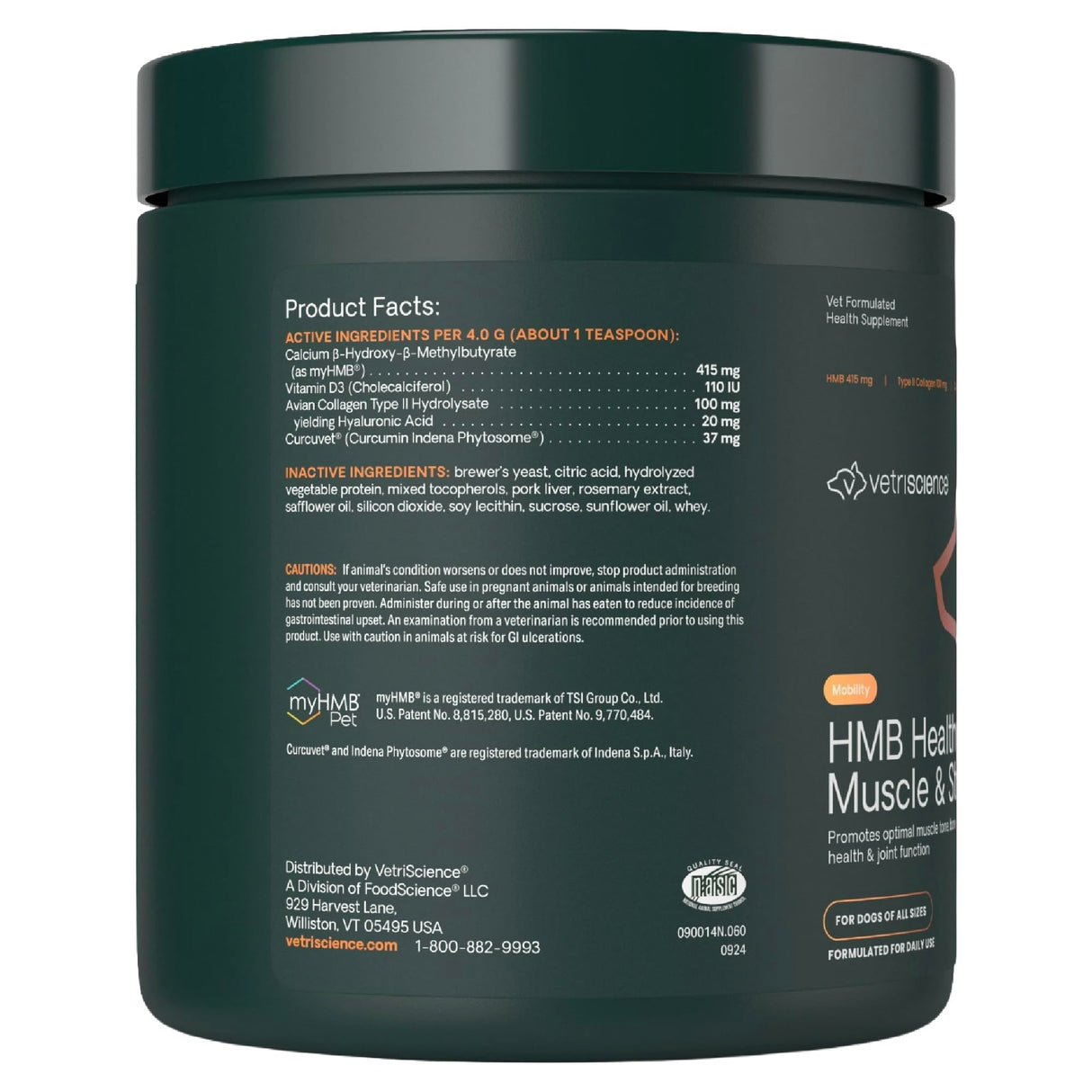 VetriScience HMB Healthy Muscle & Strength Supplement for Dogs, Mobility Support & Muscle Builder with Collagen, Calcium, Vitamin D & Curcumin, Powder, Pork, 8.47 oz - New Look