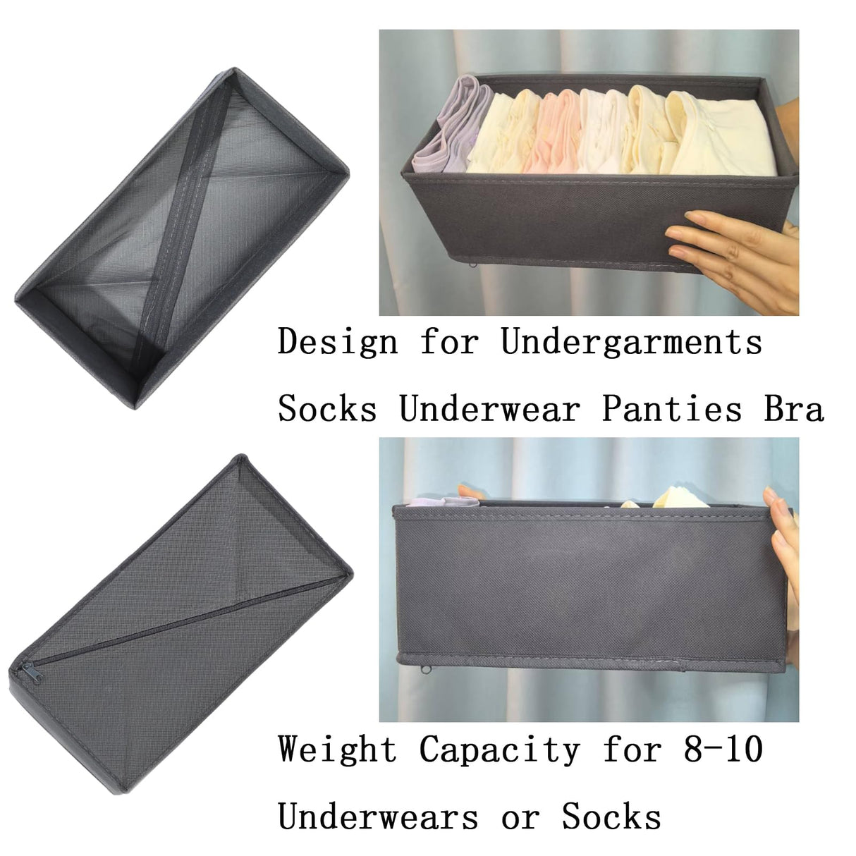 Bructhun Sock Drawer Organizer 3 Pack - Collapsible Fabric Storage Bins for Underwear Divider, Small Closet Organizers with 3 Compartments, Gray