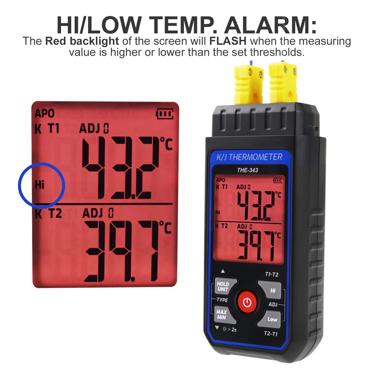 Thermocouple Thermometer Digital K Type Thermometer with 4 Thermocouples, -328~2500℉ Measuring Range HVAC Thermometer Dual Channels Temperature Meter Gauge with LED Backlight & ADJ Compensation