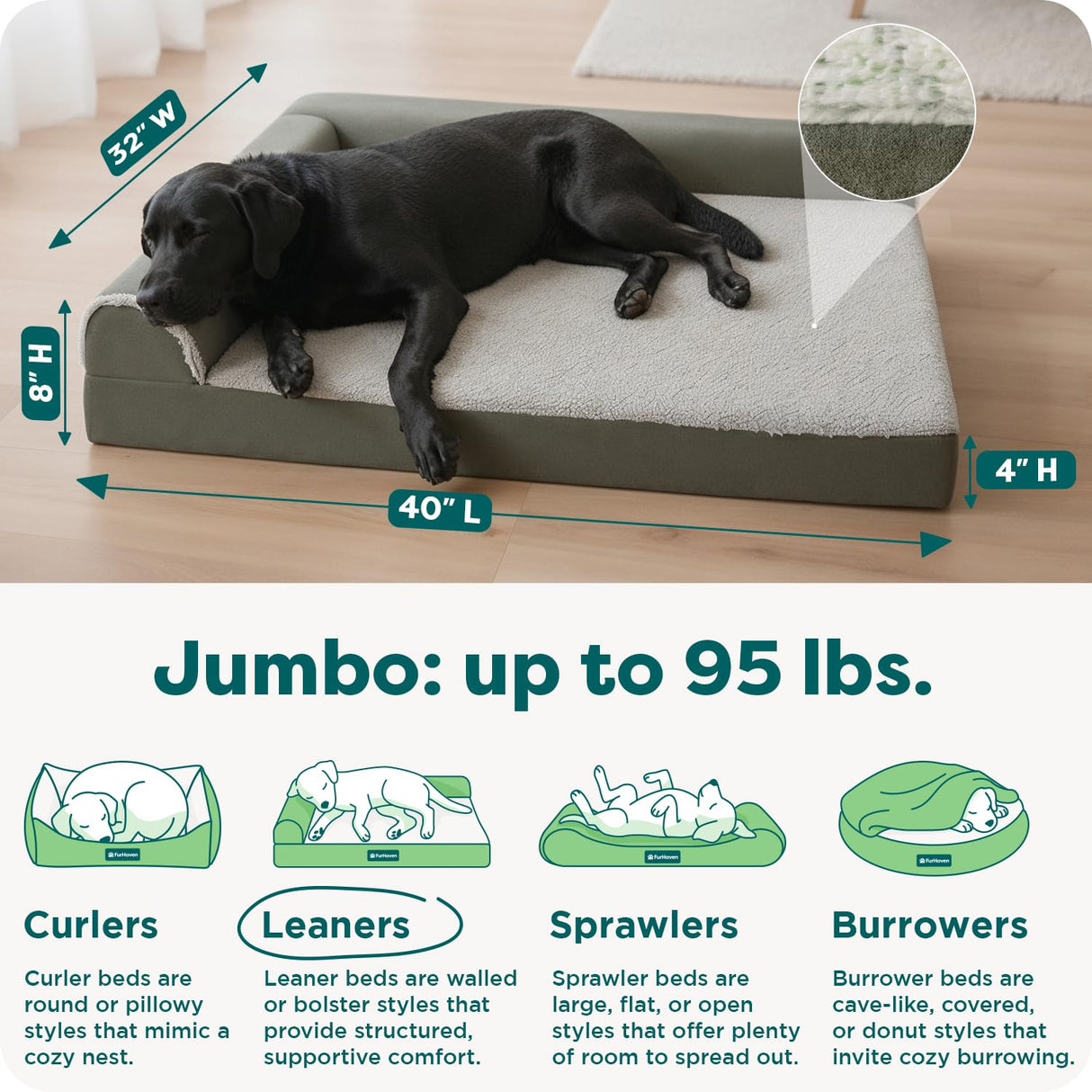 FurHaven Orthopedic Dog Bed for Large Dogs, L-Shaped Chaise Mattress with Orthopedic Egg Crate & Solid Orthopedic Foam Base for Joint Support, Washable Cover, Jumbo XL, Faux Fur & Suede, Dark Sage