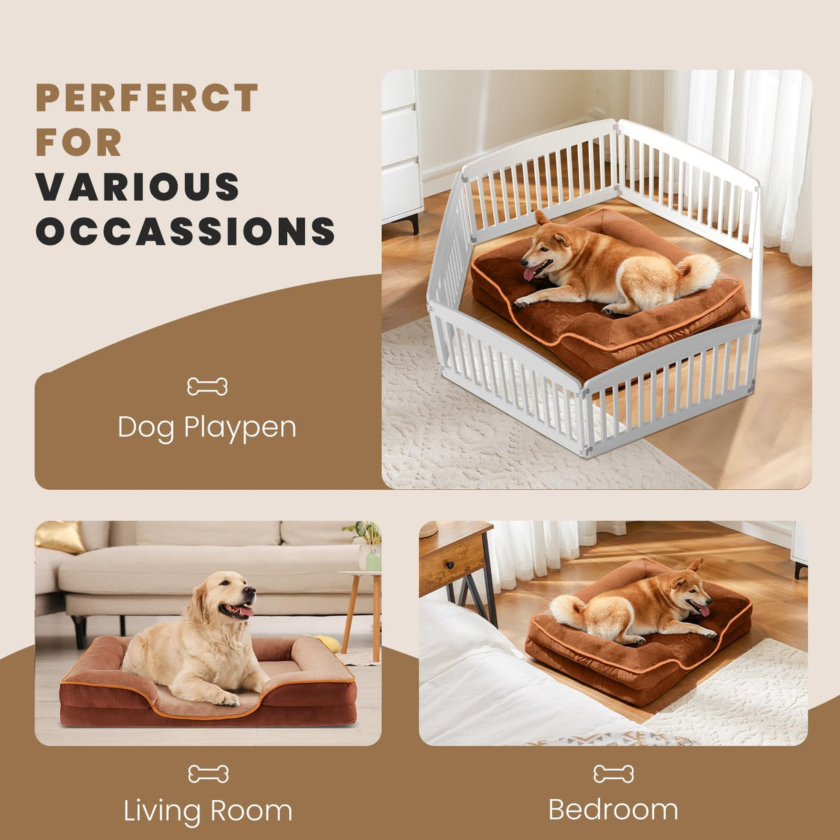 DUMOS Dog Beds, Orthopedic Medium Large Dog Bed, Machine Washable with Memory Foam, Waterproof Comfort Pet Beds with Sides, 42x32 Inch Medium Sized Brown