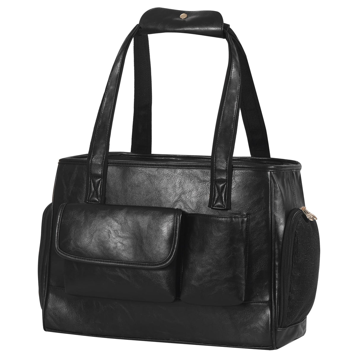 Johomviin Dog Carrier Purse, Fashion Leather Pet Carrier Bag, Airline Approved Soft Sided Cat Travel Tote Bag with Pockets Black