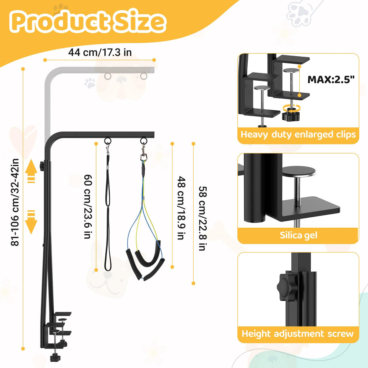 42" H Adjustable Height Dog Grooming Arm with double Clamp, Dogs Grooming Table Arm with Loop Noose and No Sit Haunch Holder, Perfect dog restraint for Small & Medium Dogs,Arm for Grooming Tables