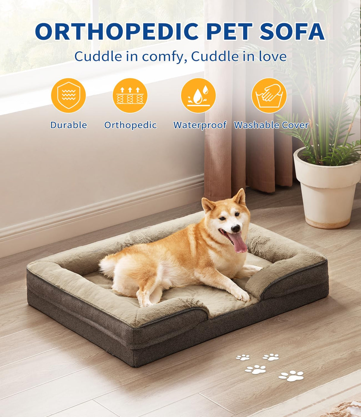 Made4pet Dog Bed Orthopedic Dog Sofa for Large Dogs,Supportive Foam Pet Cushions Bed with Washable Removable Cover, Egg-Crate Foam, Waterproof Lining Bottom, Brown, 38 * 28 * 6.5 Inch
