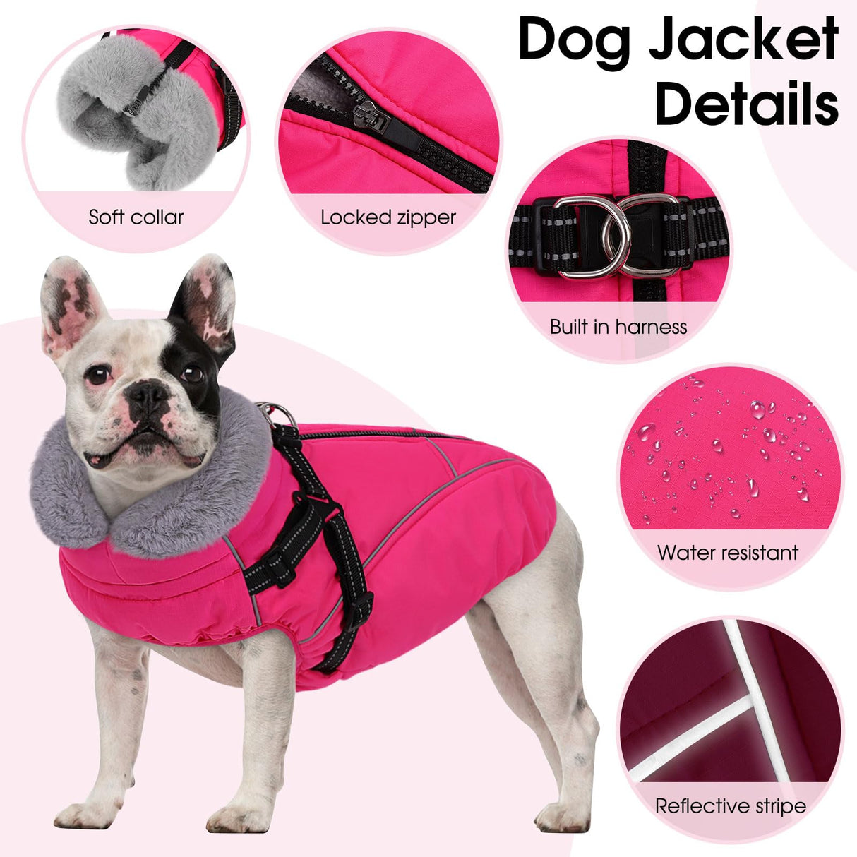 Preferhouse XXL Dog Winter Coat, Dog Puffer Jacket with Harness Built in, Pet Windproof Cold Weather Vest with Zipper Dogs Snowsuit, Rose 2XL