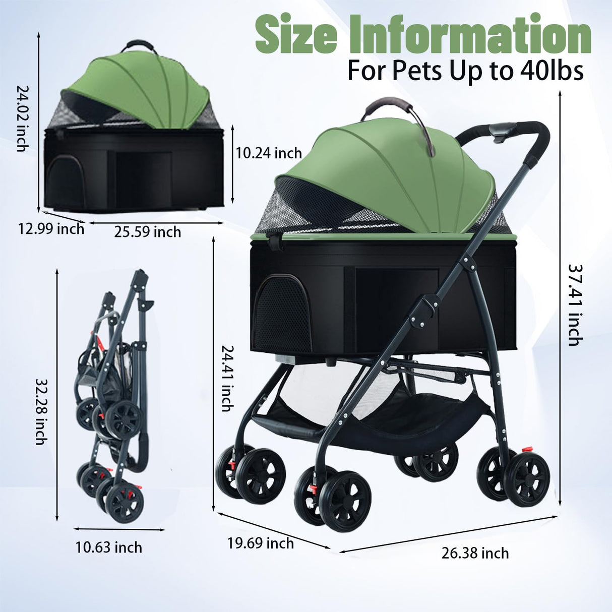 ZHUOKECE 3-in-1 Pet Dog Stroller, Dog Wagon with Removable Carrier, Cat Stroller for Medium Dogs Up to 55lbs (Green)