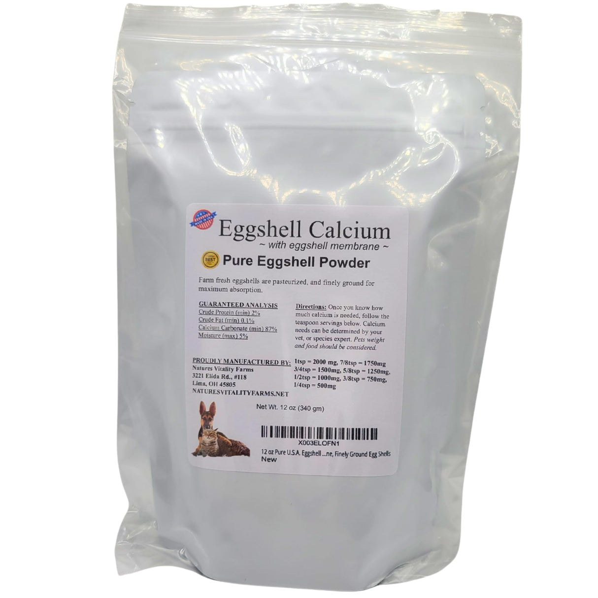 12 oz Pure U.S.A. Eggshell Powder for Dogs/Cats, Finely Ground, Calcium Supplement