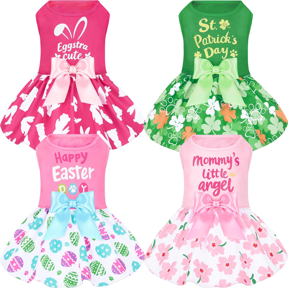 XPUDAC 4 Pack Cute Dog Dress with Bowknot Dog Clothes Puppy Skirt Mommy Floral Bunny Egg Shamrock Print for St. Patrick's Day Easter Holiday Pet Outfit for Girls, M