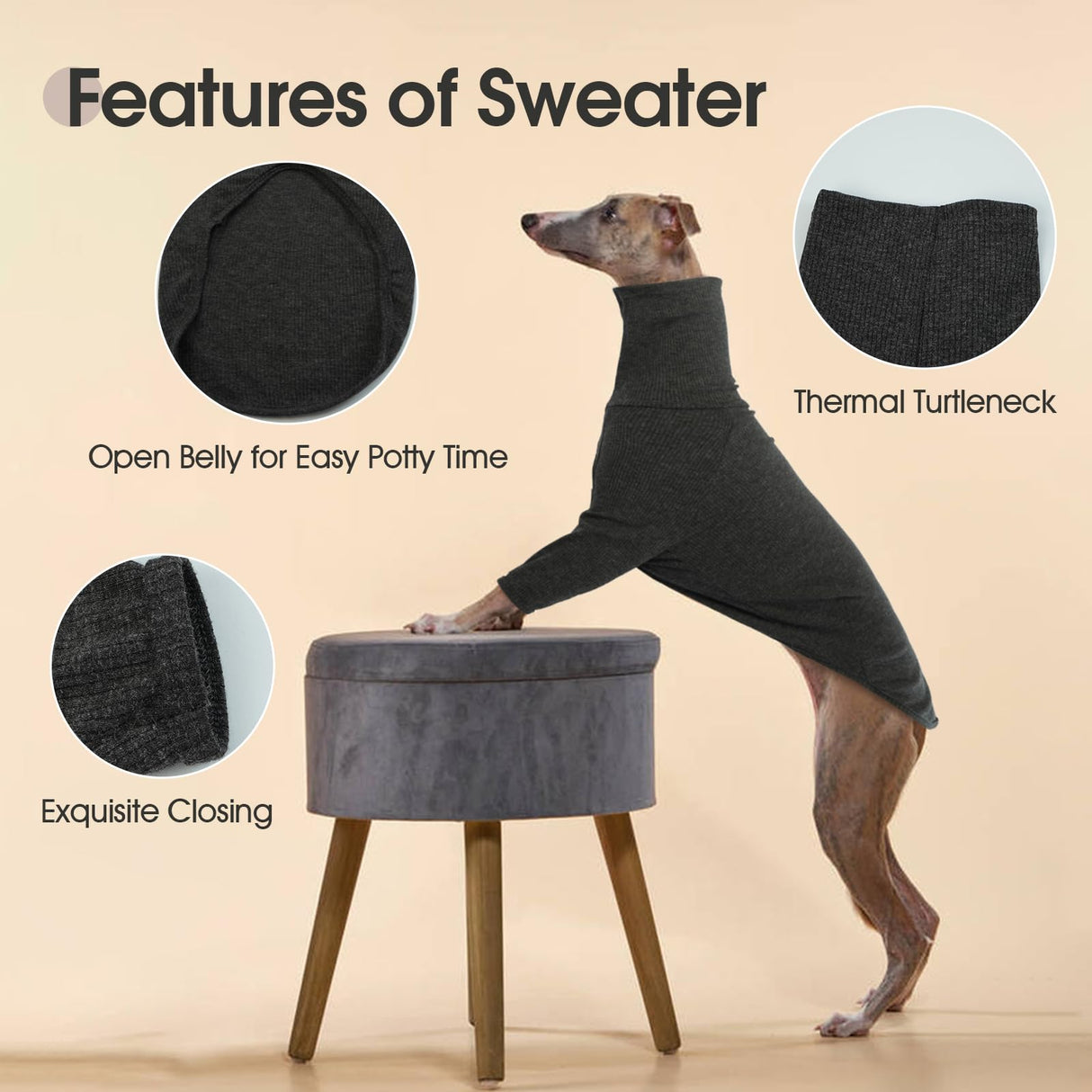 DENTRUN Italian Greyhounds Sweater, Greyhounds Turtleneck Knit Sweatshirt for Cold Weather, Warm Pajamas for Whippets, Winter Long Sleeve Dog Sweater Shirt for Large Dog