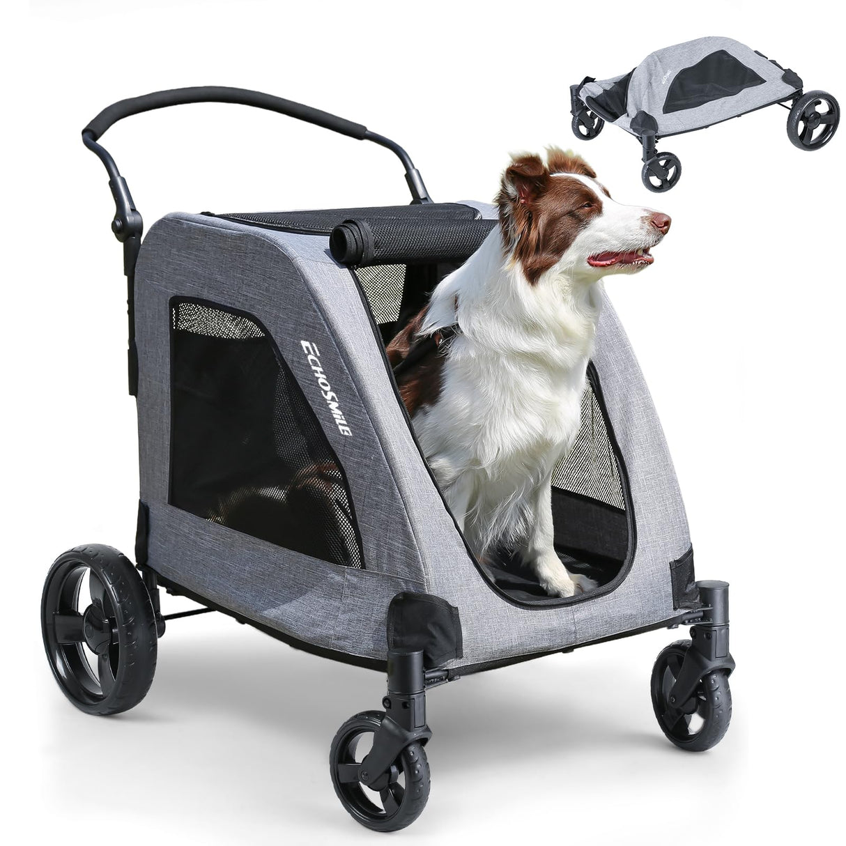 EchoSmile XL Extra Large Dog Stroller - Adjustable Handles,Lightweight Folding Pet Stroller,All-Terrain 4 Wheel for 2 Medium Dogs,Dual Entry Safety Dog Stroller,Capacity 160 lbs,Gray