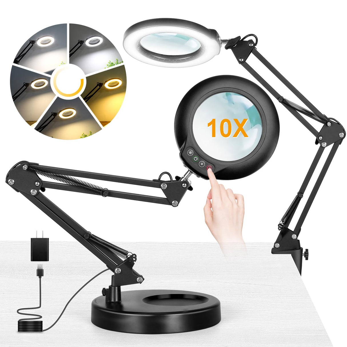 IVMAIE 10X Magnifying Glass with Light and Stand, 2-in-1 Lighted Magnifier with Clamp, 5 Color Modes Stepless Dimmable LED Desk Lamp Hands Free for Painting Craft Jewelry Sewing Hobby Model Close Work