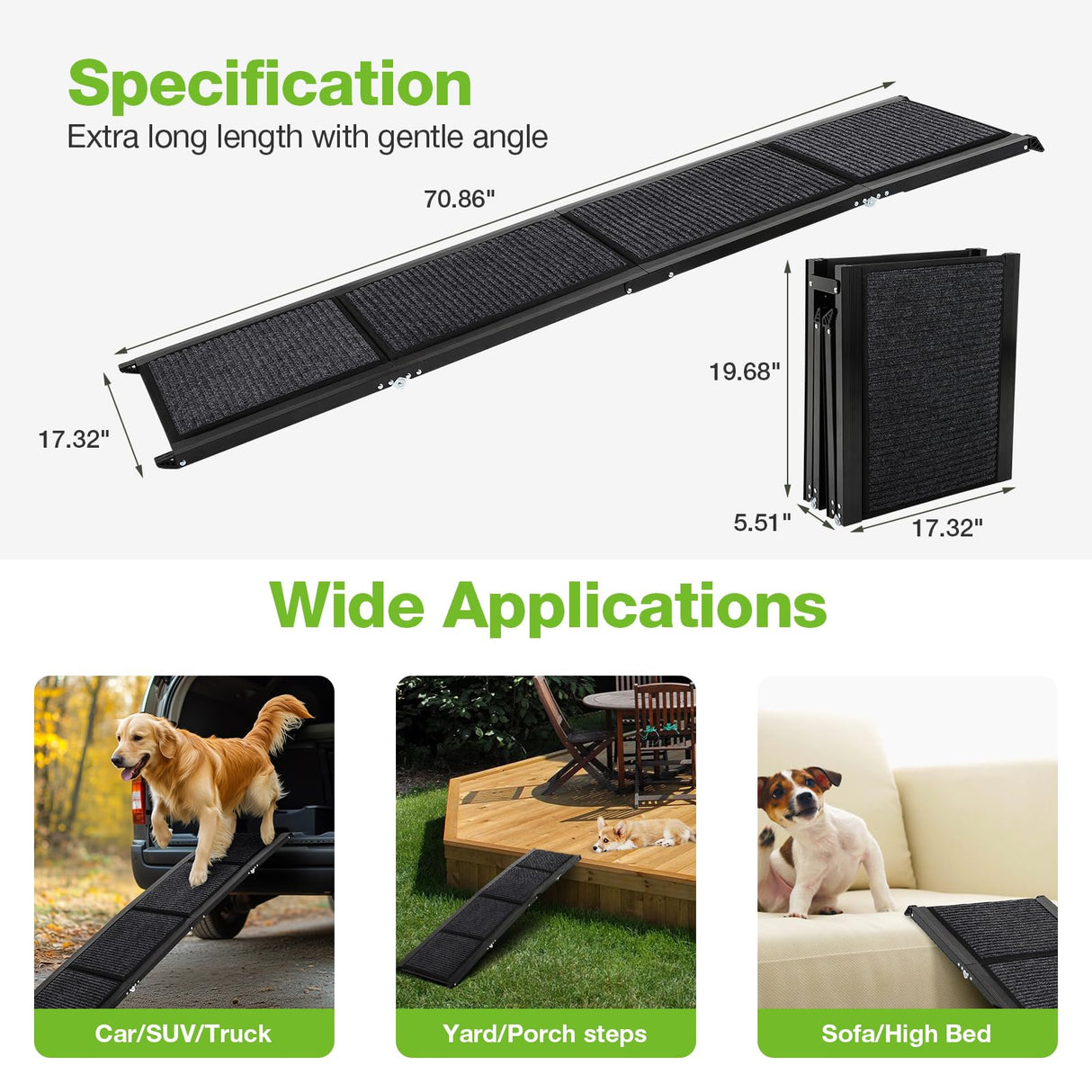 FAHKNS Dog Ramp for Car, 71" x 17" Extra Long Wide Folding Pet Ramp, Non-Slip Rug Surface, Aluminum, Black, Up to 300 LBS