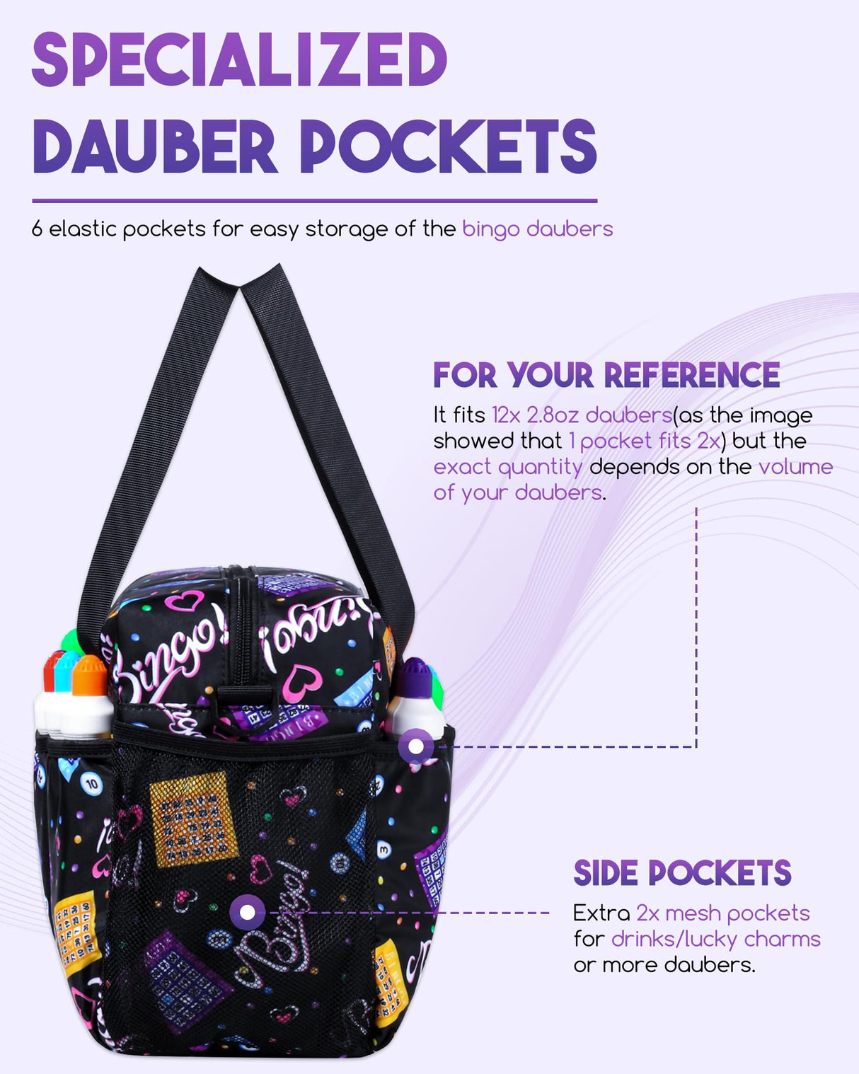 Bingo Bag with Pockets for Bingo Daubers Dabbers Dobbers Black Bingo Bag for Bingo Stuff Supplies Bingo Game Accessories for Bingo Lovers Players Bingo Prizes for Adults Seniors Elderly Juego de Bingo