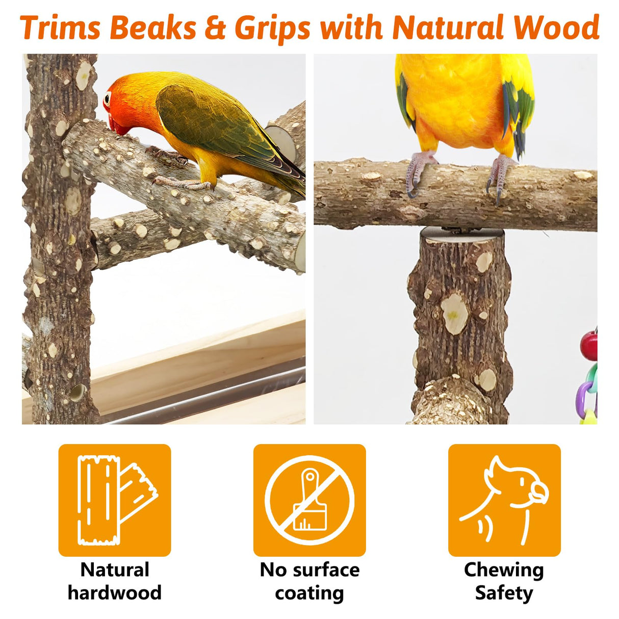 BNOSDM Natural Wood Bird Playground for Training & Playing, Parrot Perch Stand Jungle Gym with Detachable Tray & Stainless Feeder Cups Parakeet Cage Playstand for Budgie, Cockatiel, African Grey
