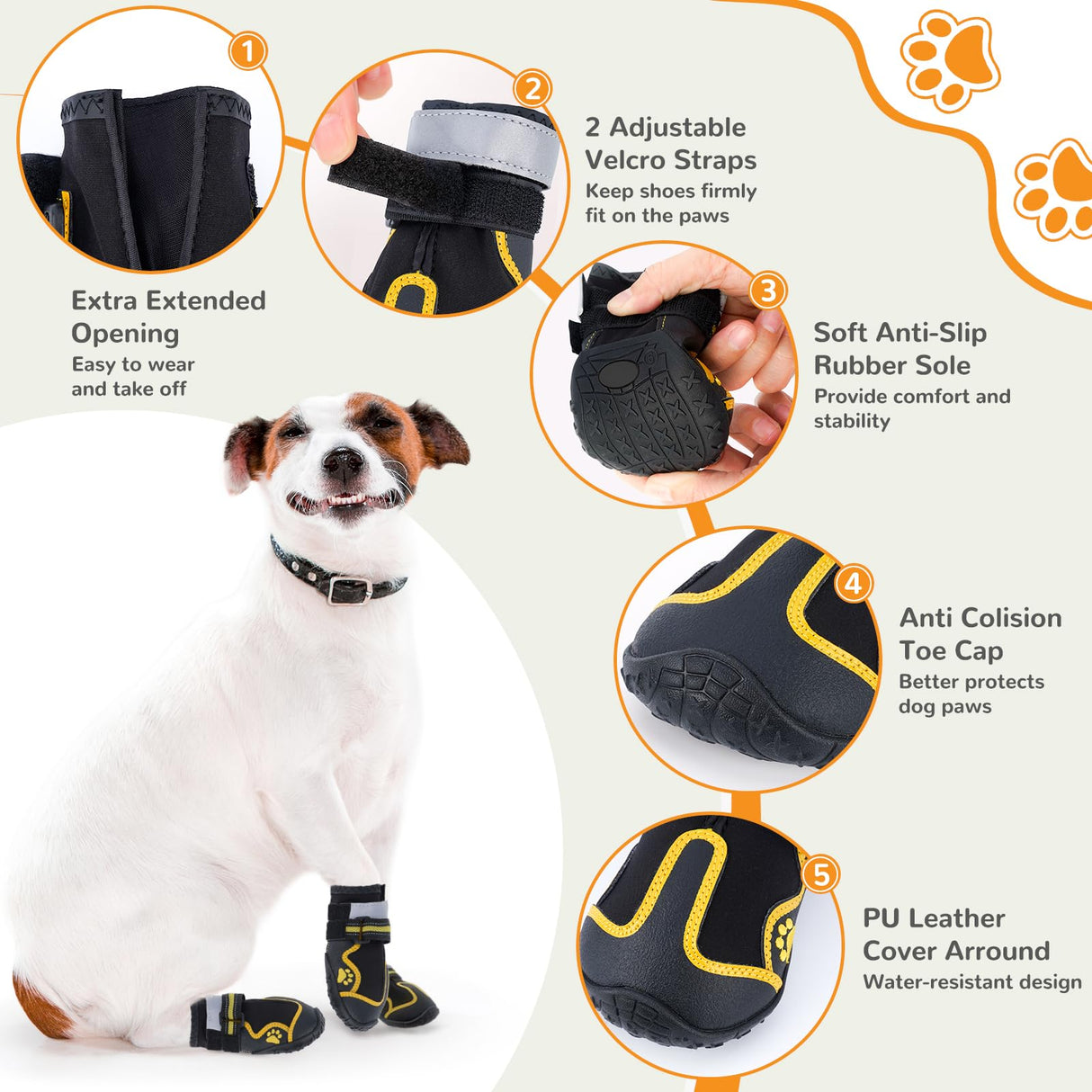 Dog Shoes for Hot Pavement,Dog Boots & Paw Protectors for Large Medium Size Dogs to Prevent Licking,Dog Booties with Reflective for Outdoor,Hiking,Hardwood Floors,Winter Snow(Black Yellow, Size5)