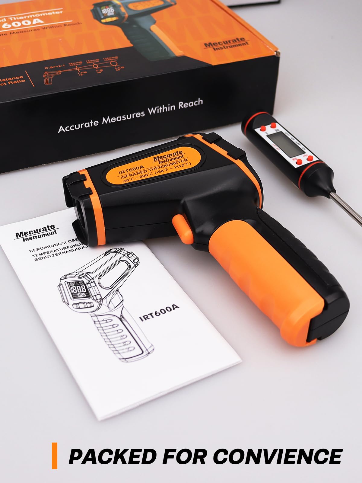 Mecurate Digital Infrared Thermometer Gun Non Contact Laser Temperature Gun -58℉~1112℉(-50℃~600℃) Adjustable Emissivity & Max Measure for Cooking/BBQ/Freezer with Food Thermometer