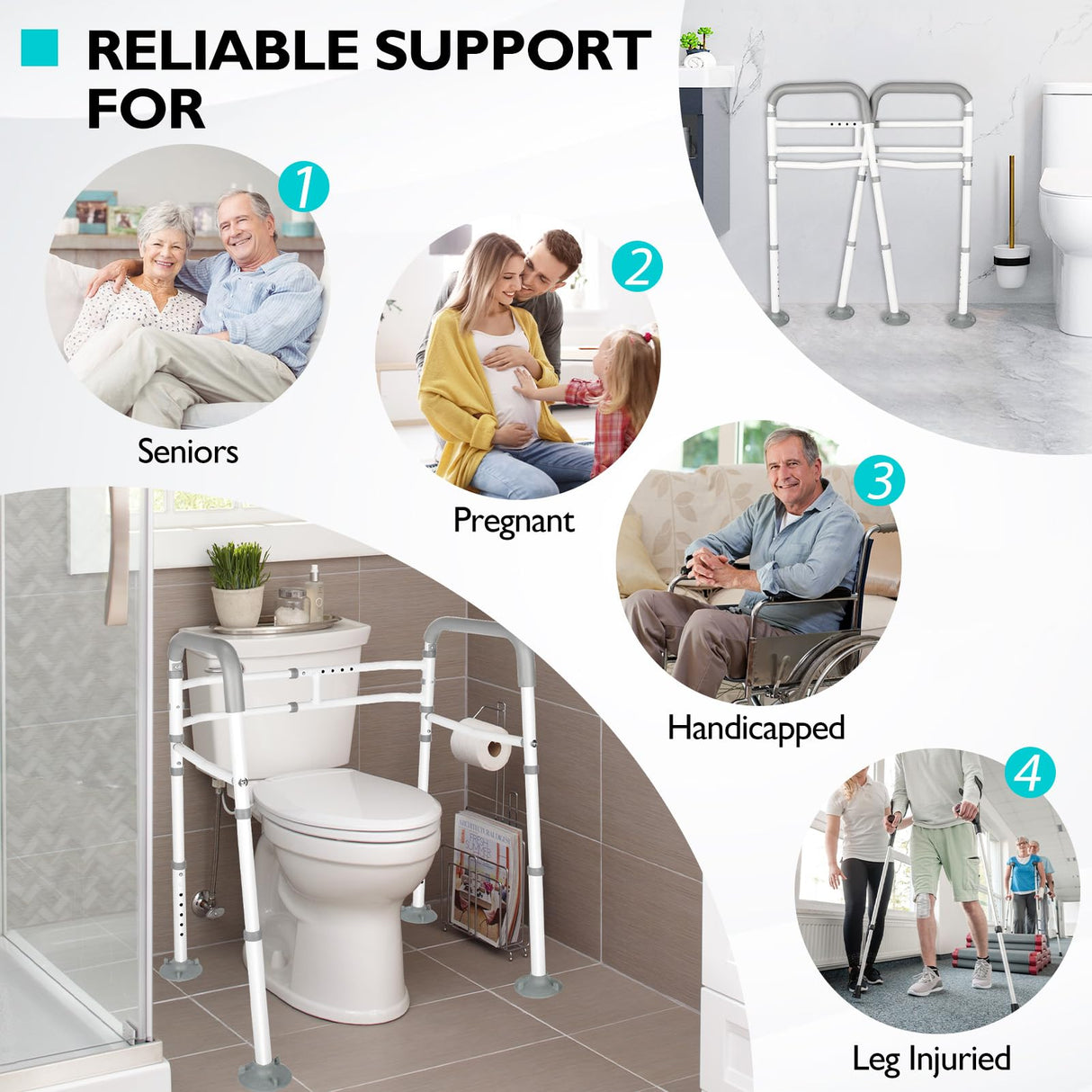 Toilet Safety Frame- 300lbs Adjustable Safety Grab Bar, Toilet Frame with Handle and Suction Cups Toilet Safety Guard for Elderly (White Grey)