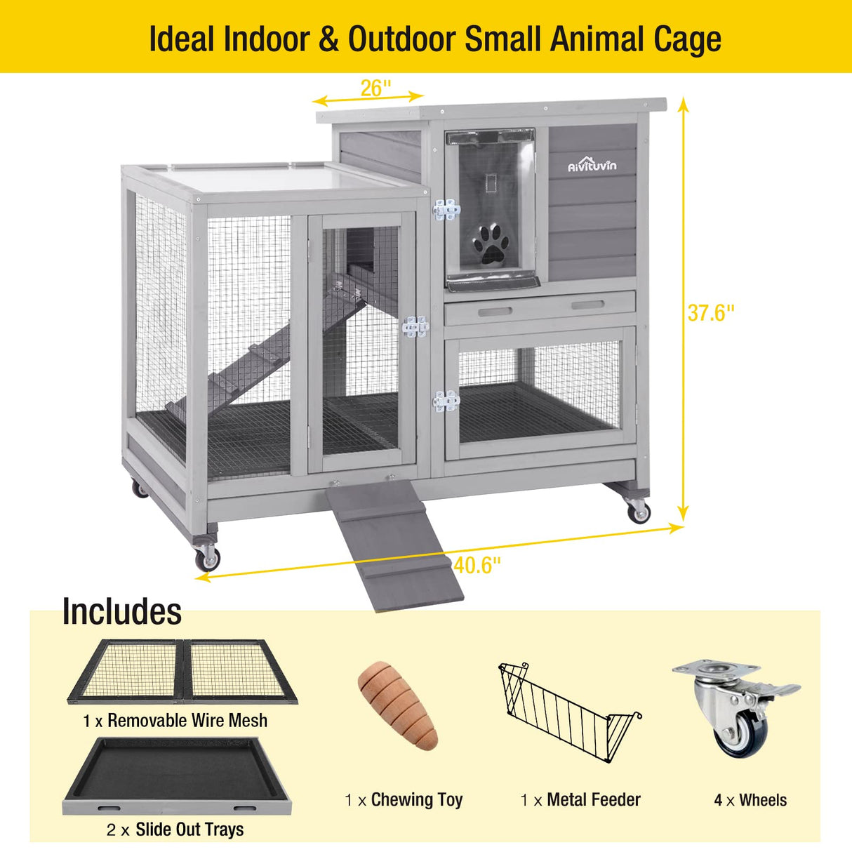 Aivituvin Rabbit Hutch Large Wooden Bunny House Guinea Pig Cages on Wheels, Two Trays, Indoor Outdoor