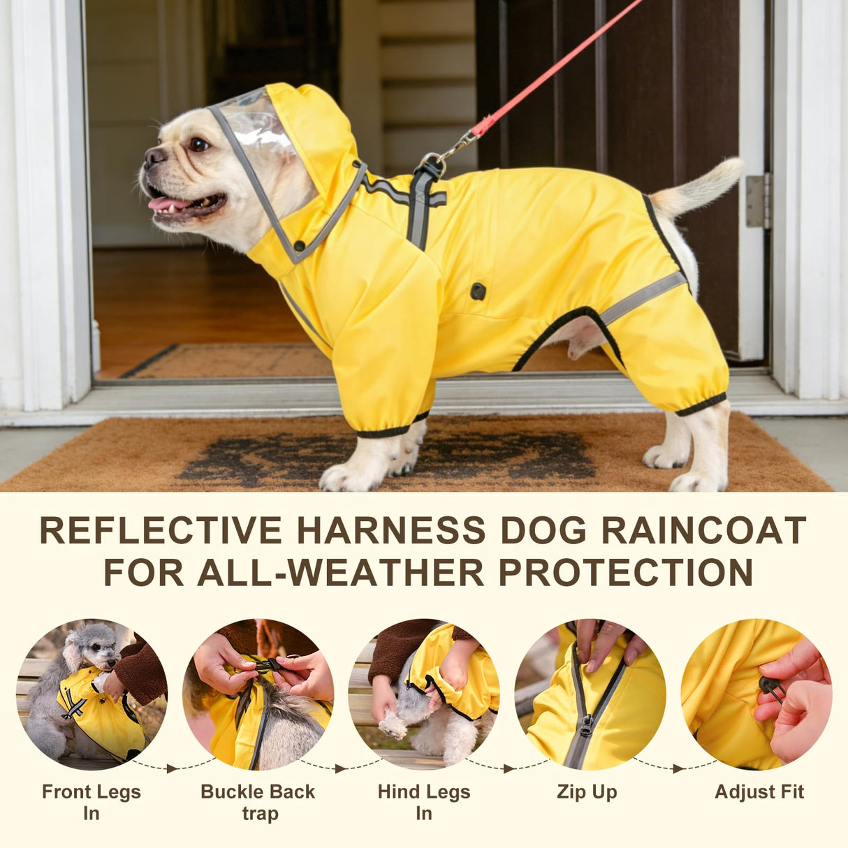 BEAUTYZOO Dog Raincoat for Small Medium Dogs Puppy,Waterproof Dog Rain Jacket with Harness Built-in & Detachable Hood, Zip Up Pet Rain Coat,Reflective Windproof Full Body Coverage Poncho for Rain Snow