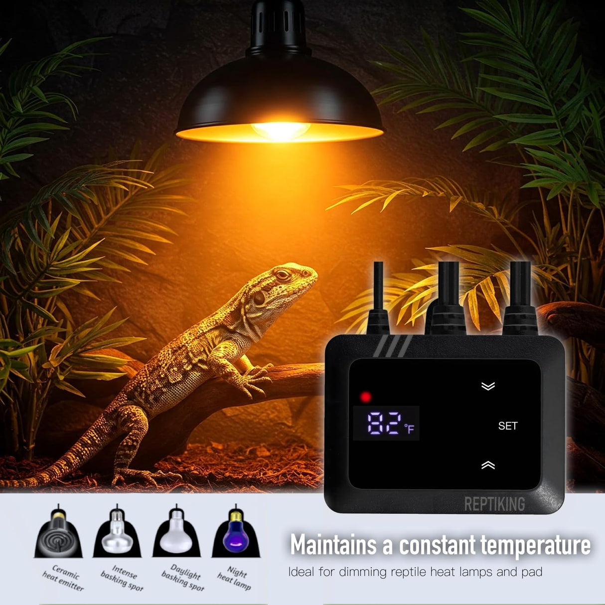 ReptiKing Reptile Dimming Thermostat, Heat Lamp Temperature Controller, Reptile Terrarium PID Digital Thermostat, Heating Controller for Basking Spot Heat Bulbs and Ceramic Heat Emitter