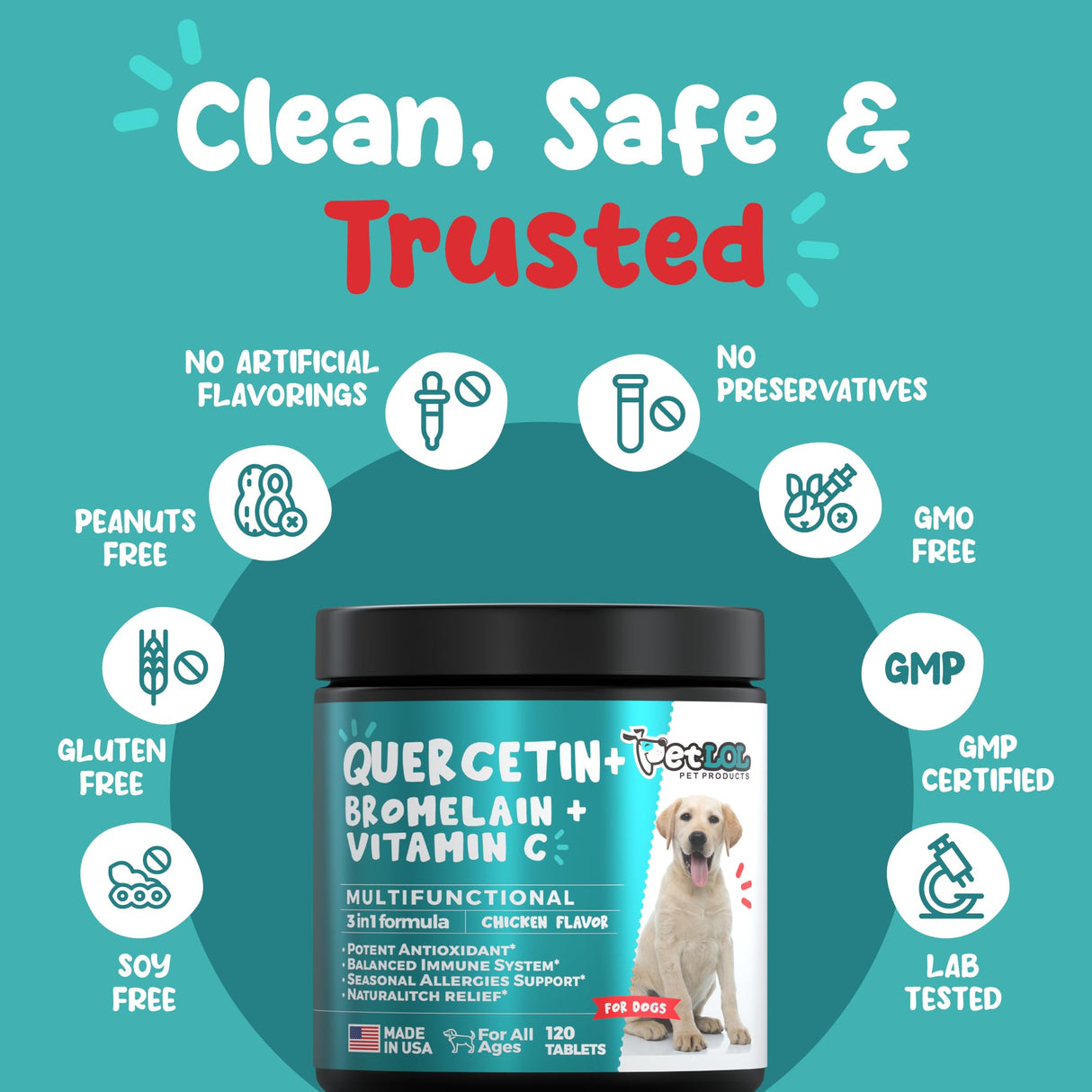 PET LOL Quercetin for Dogs with Bromelain & Vitamin C - Allergy & Itch Relief, Immune & Inflammatory Support - 120 Chewable Tablets Made in USA