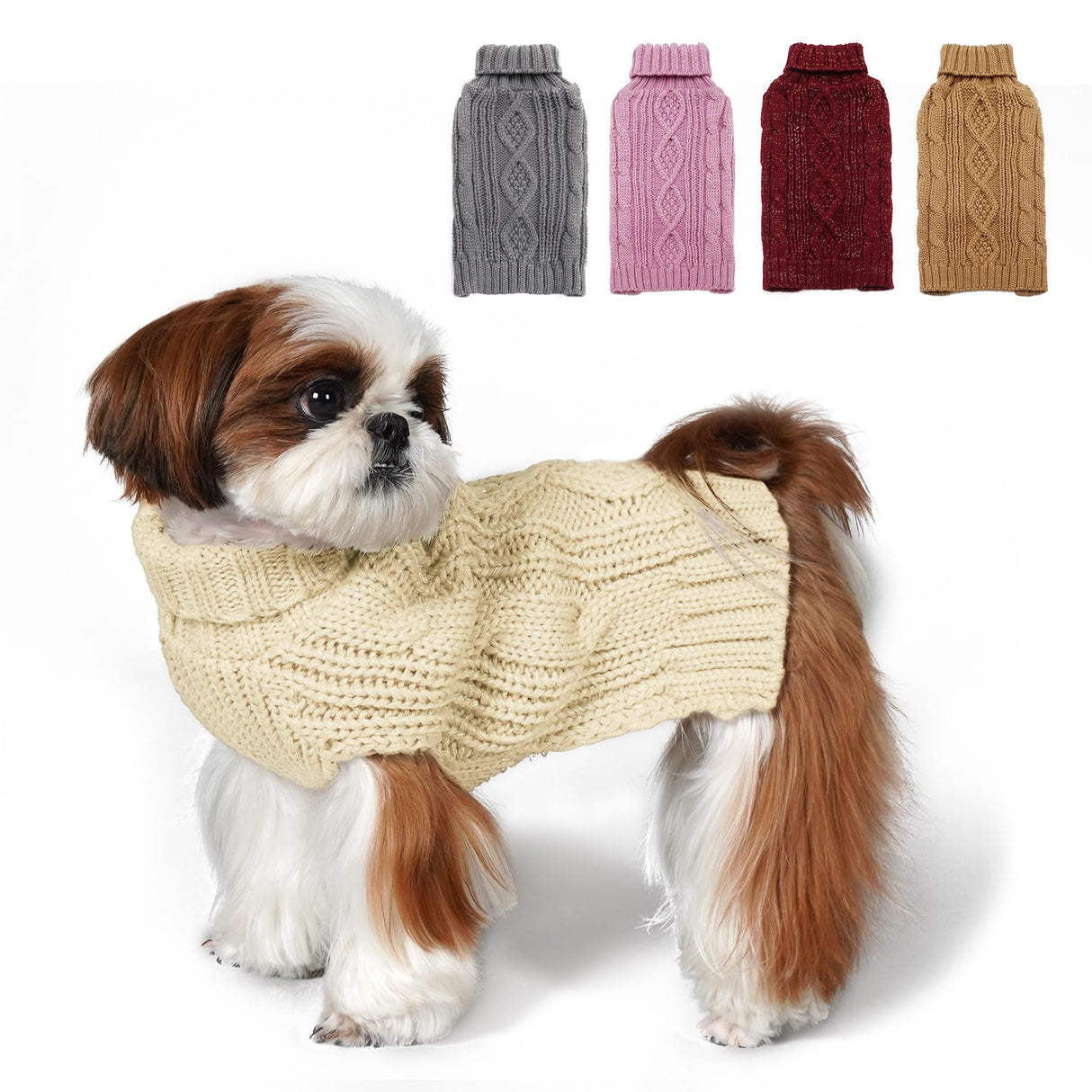 KYEESE Dog Sweaters for Medium Dogs with Golden Thread Turtleneck Dog Cable Knit Pullover Sweaters for Cold Weather, Beige, X-Large