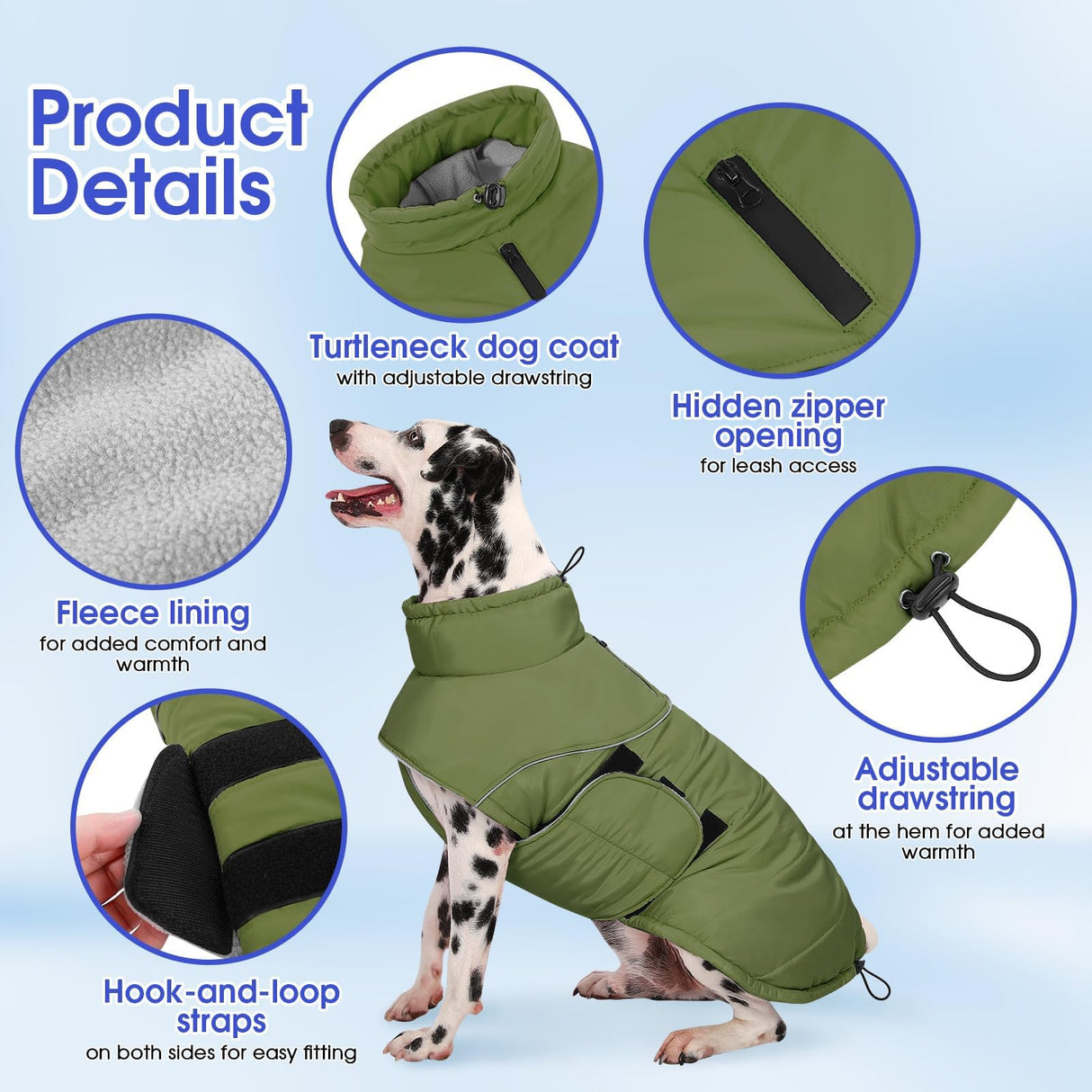 ASENKU Extra Warm Dog Coat - Winter Fleece Jacket with Reflective Adjustable Zippered Leash Hole for Medium Dogs (Green, L)