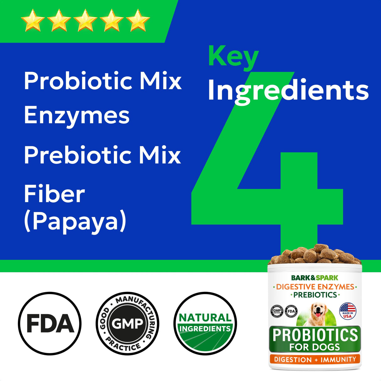 BARK&SPARK Dog Probiotics & Digestive Enzymes (Gut Health) Allergy & Itchy Skin - Pet Diarrhea Gas Treatment Upset Stomach Relief, Digestion Health Prebiotic Supplement Tummy Treat (180Ct Chicken)