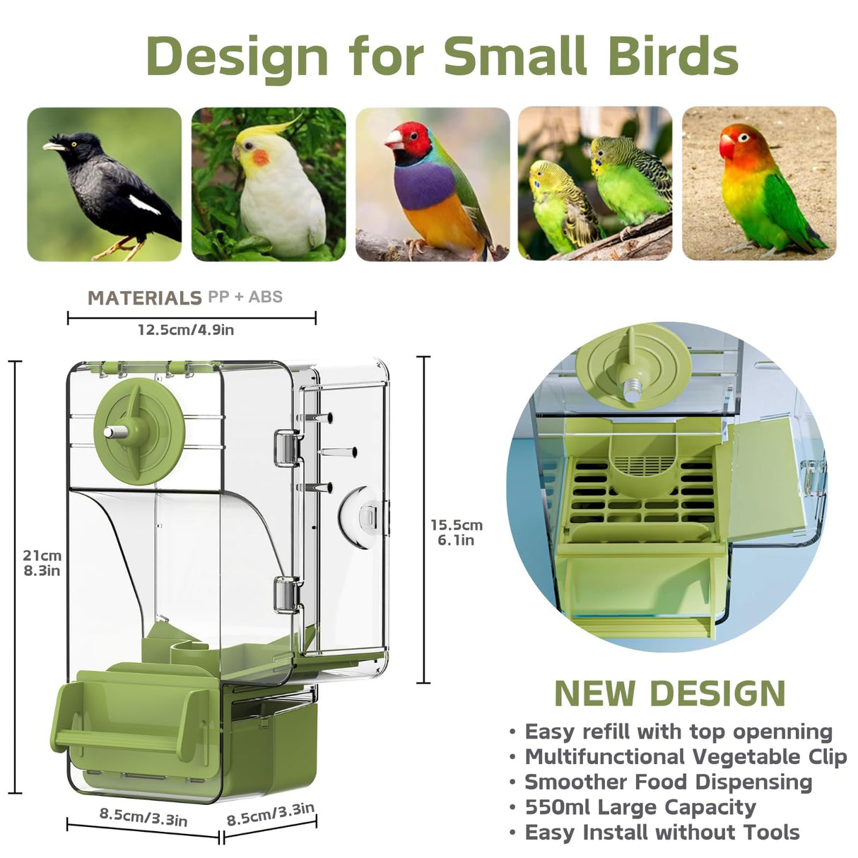 Automatic Bird Feeder, Bird Cage Feeder with Perch Multi-Functional Holder for Fruits Vegetables for Parakeet Canary Cockatiel Finch (Green)