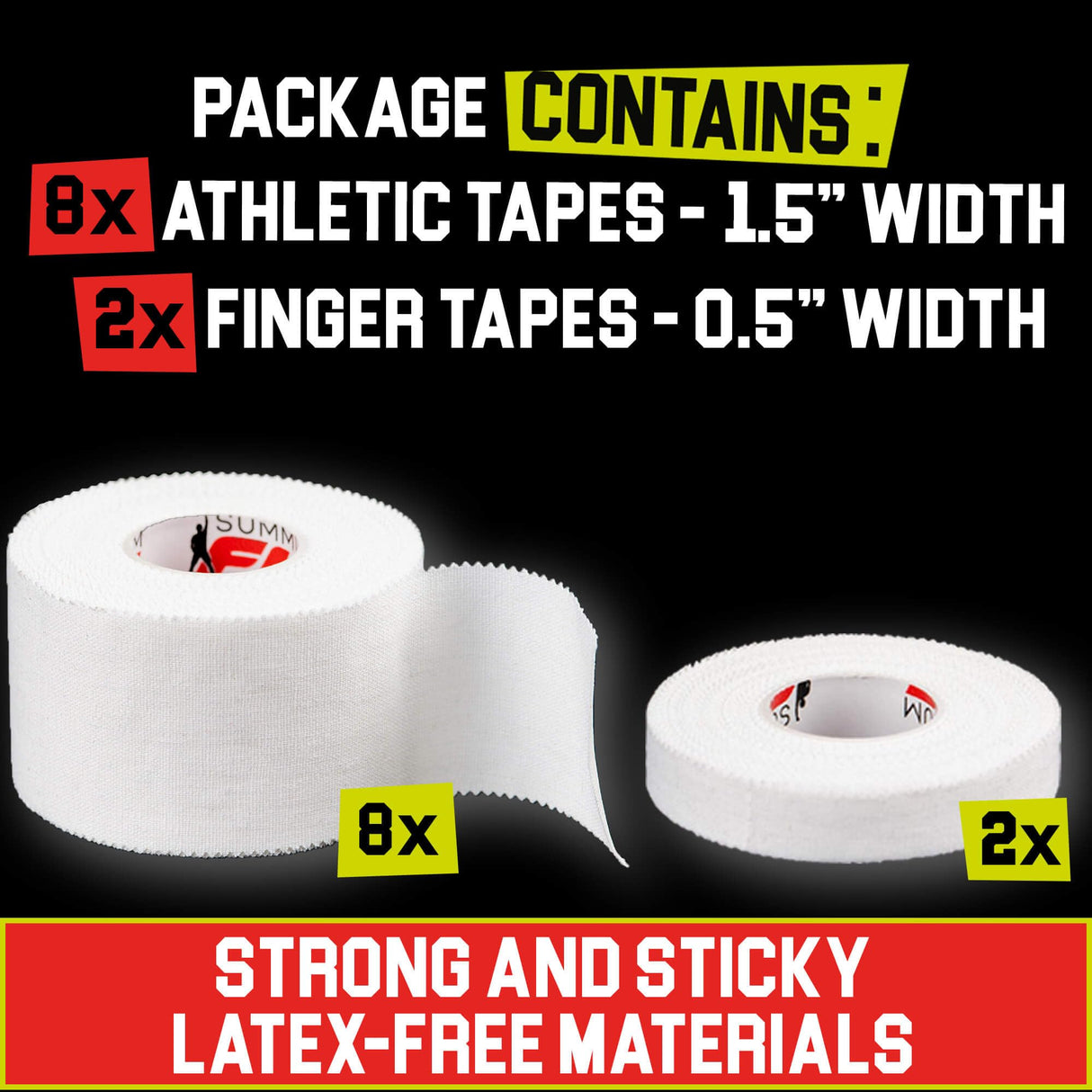 White Athletic Tape Extremely Strong: 8 Rolls + 2 Finger Tape. Easy to Apply & No Sticky Residue. Sports Tape for Boxing, Football, BJJ, Climbing. Enhance Wrist, Ankle & Hand Protection Now
