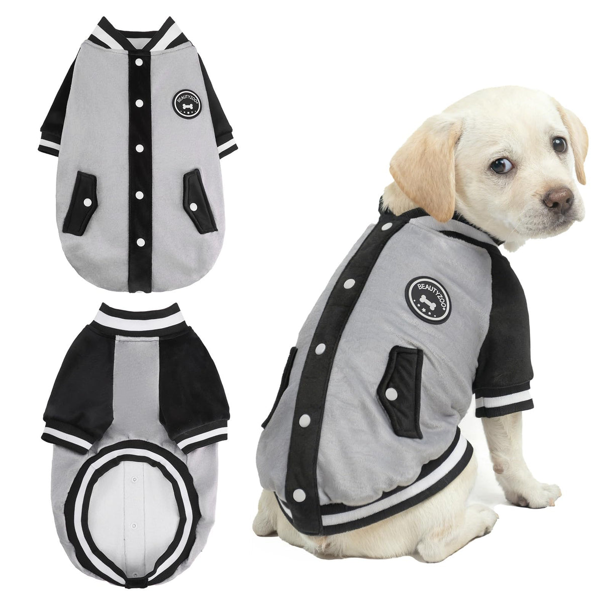 BEAUTYZOO Dog Sweaters for Small Medium Large Dogs, Dog Hoodie Warm Fleece Dogs Winter Clothes Cute Stylish Boy & Girl Dog Sweatshirts, Grey Sport Coats Baseball Uniform Jackets for Puppy, M