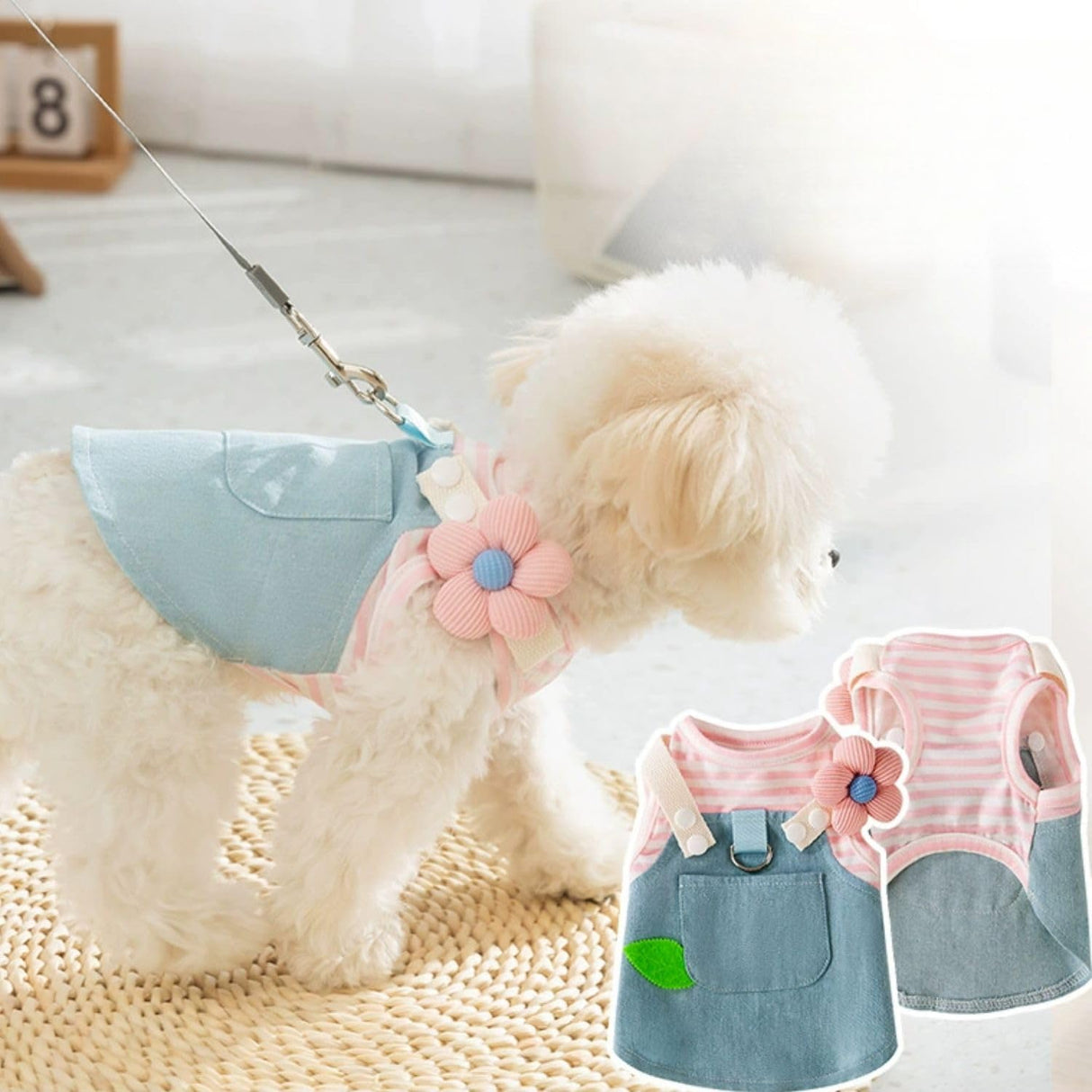Denim Dog Dress with Pink Striped Print, Floral Shoulder, and Leaf Pocket Accent Pet Clothes, Small Dog Outfit for Chihuahua, Yorkie, Puppy Dress for Birthday, Party, and Everyday Wear(Pink,S)