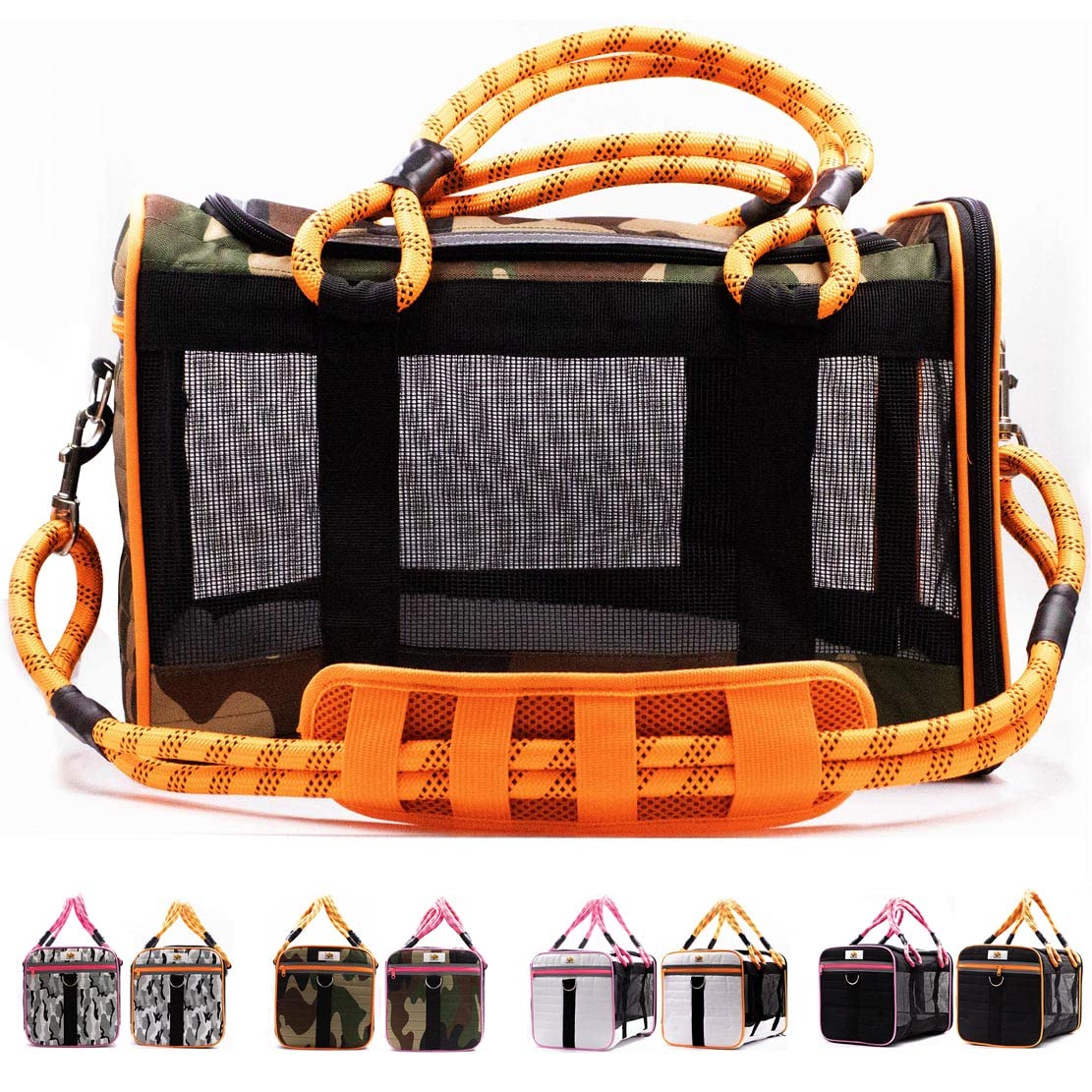 Buddy's Best Airline Approved Pet Carrier β Army Camo & Orange for Dog or Cat, Fits Under Seat, TSA Compliant, Ventilated Mesh Design w/Waterproof Base & Reflective Strips