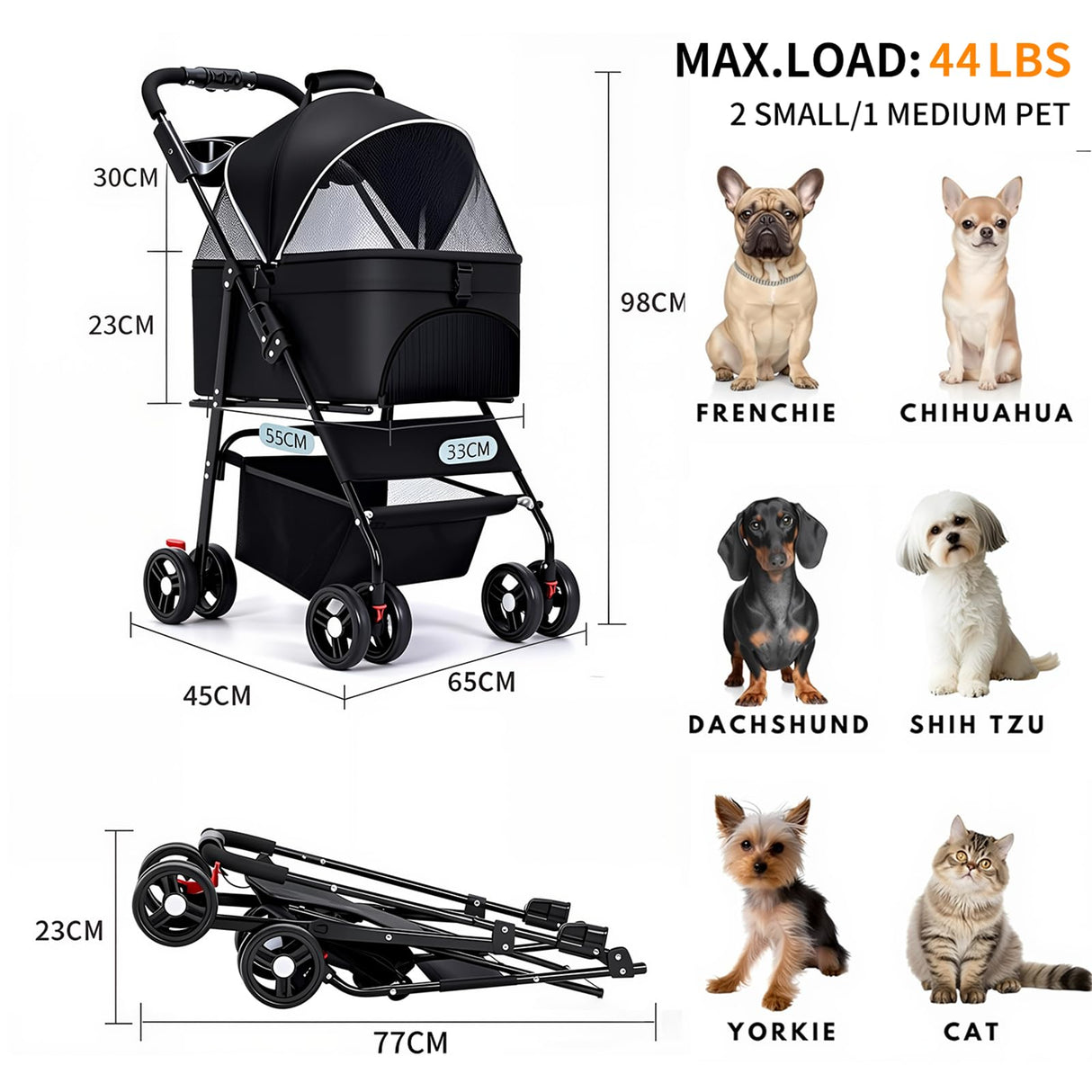 3-in-1 Pet Stroller for Small/Medium Dogs Cats,4 Wheels,Detachable Carrier Basket,Breathable Mesh,Storage Basket,Cup Holder,Weather Cover,Black,44 lbs Capacity