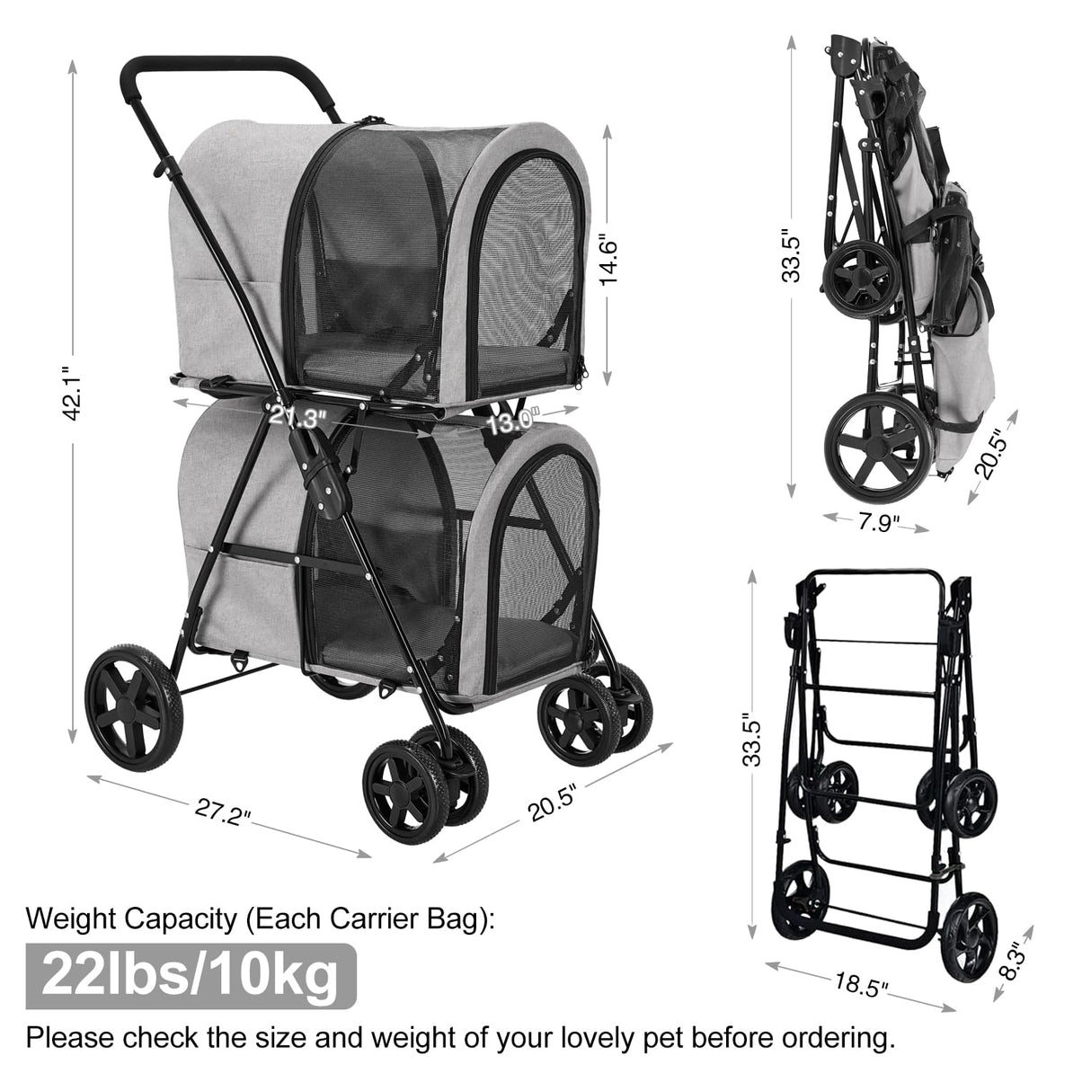 LPOTIUS Double Pet Stroller for Dogs and Cats with 2 Detachable Carrier, Quick-Folding Dog Stroller for Medium Small Dogs Cats, 4 Wheels, Light Gray