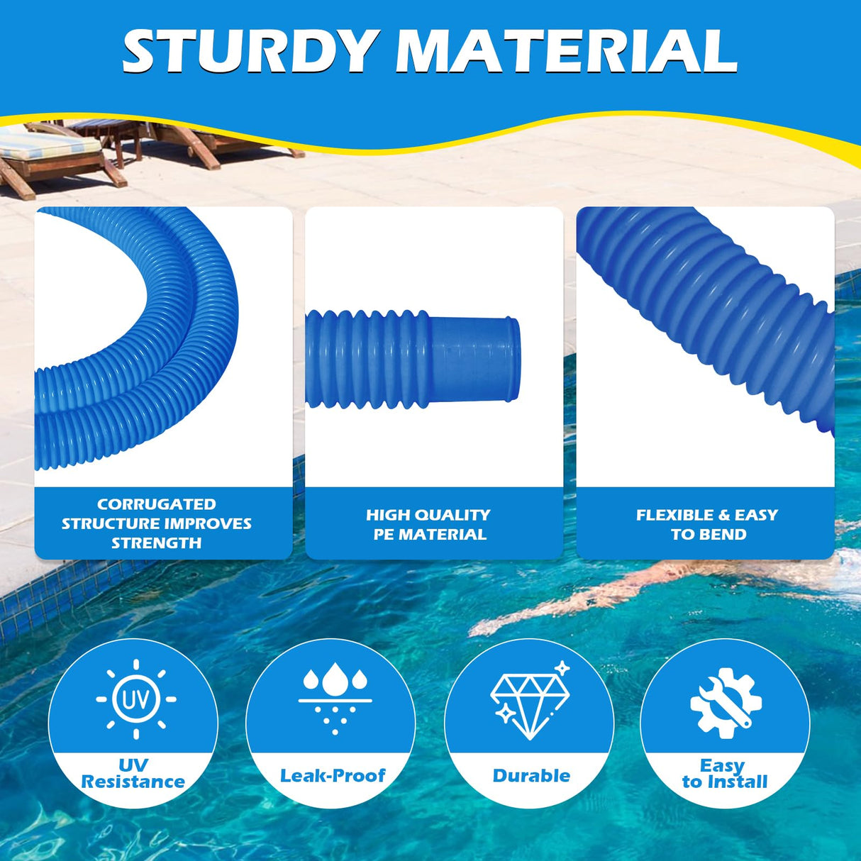 4 Pcs 1.25" Pool Hose, 59" Long Accessory Pool Pump Replacement Hoses, Compatible with All Above Ground Pool Filter Pumps that Use 1 1/4 Diameter Hoses
