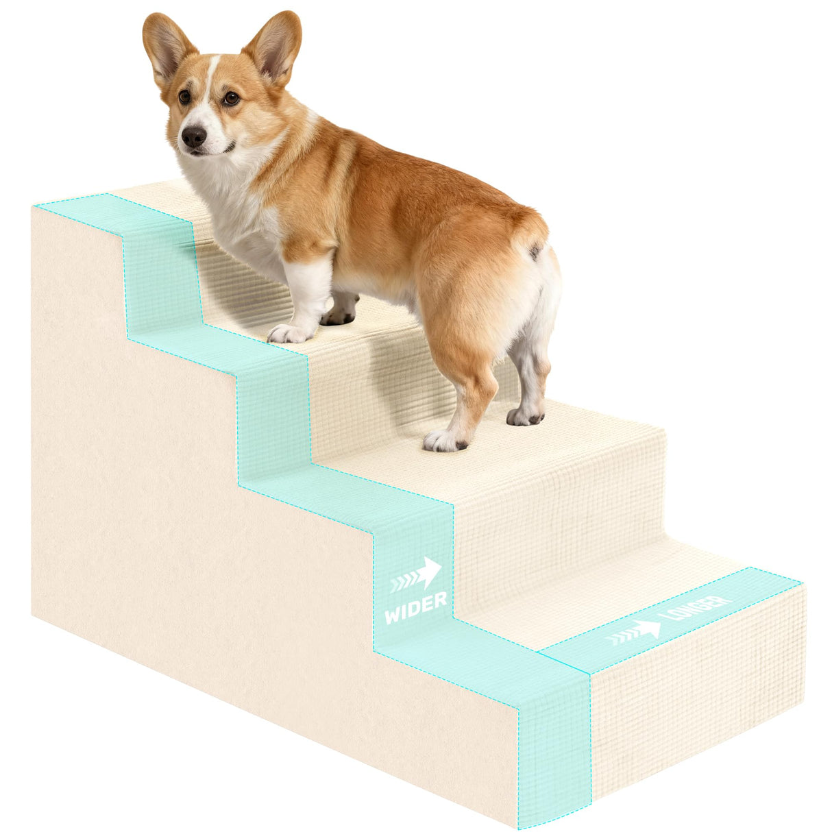 Dog Stairs for Bed, Extra Wide 4-Step Dog Steps for High Bed, High-Density Foam Pet Stairs with Non-Slip Removable Washable Cover for Small Pets, 18" H, Beige
