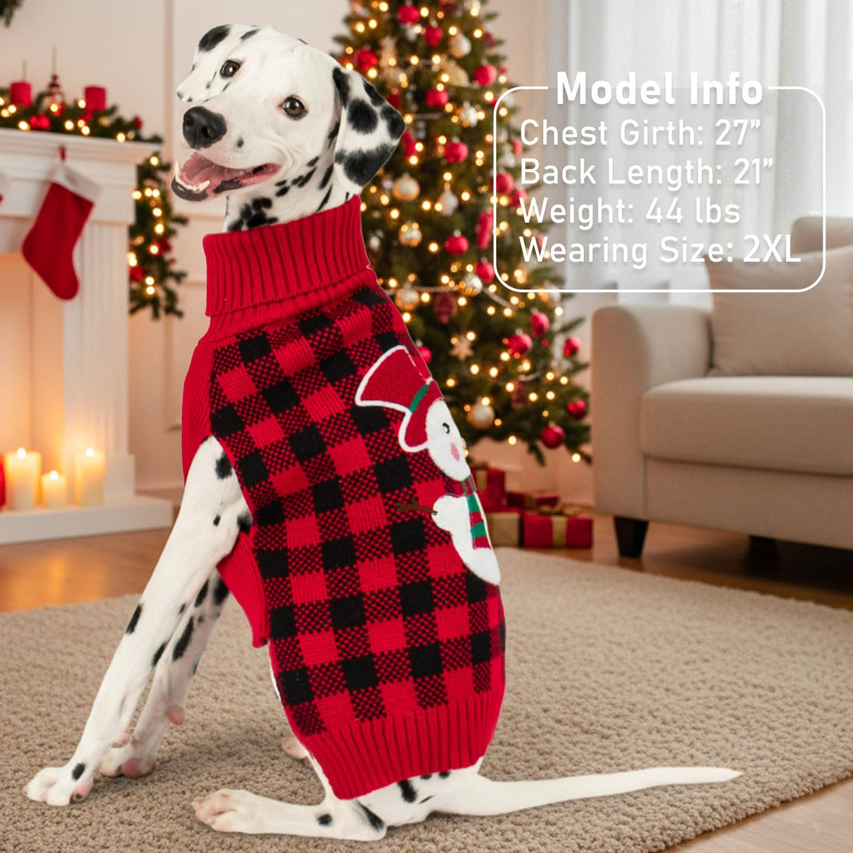 KYEESE Dog Christmas Sweater with Snowman Design, Turtleneck Dog Sweater for Medium Dogs, Cozy Holiday Outfit, Red Buffalo Plaid Knitwear with Leash Hole, Soft Warm Pet Clothes, XX-Large