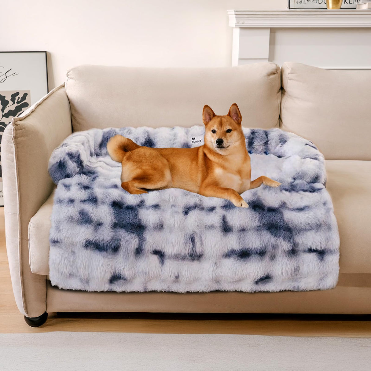FUNNY FUZZY Pet Fluffy Fuzzy Couch Cover, Calming Washable Dog Bed Sofa Protector Pets Mat for Small Medium Dogs and Cats (Tie-dye Blue, 31.5"×25.5"×4.7")