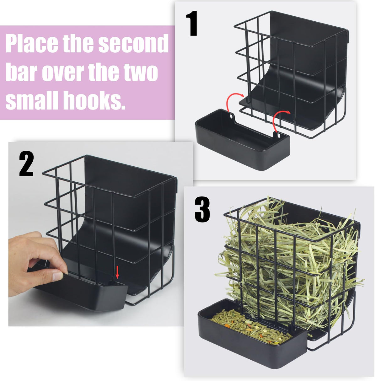 Rabbit Hay Feeder Guinea Pig Hay Feeder, Hay and Food Holder with Hook Heavy-Duty Metal Frame Hay Rack,for Bunny, Guinea Pigs,Chinchillas, Comes with Two Multifunctional Zippers-6.8x6.7x6.6inch