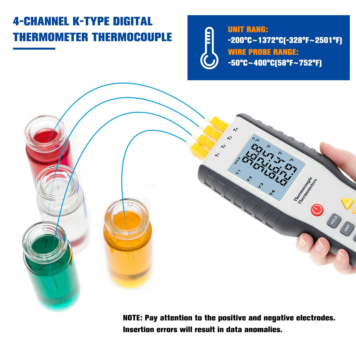 Digital Thermocouple Thermometer HT-9815 4-channels K-type Thermocouples 4 Measurement Mode with LCD Screen Inserted Probe Sensor Battery Included Conversion Digital Thermometers