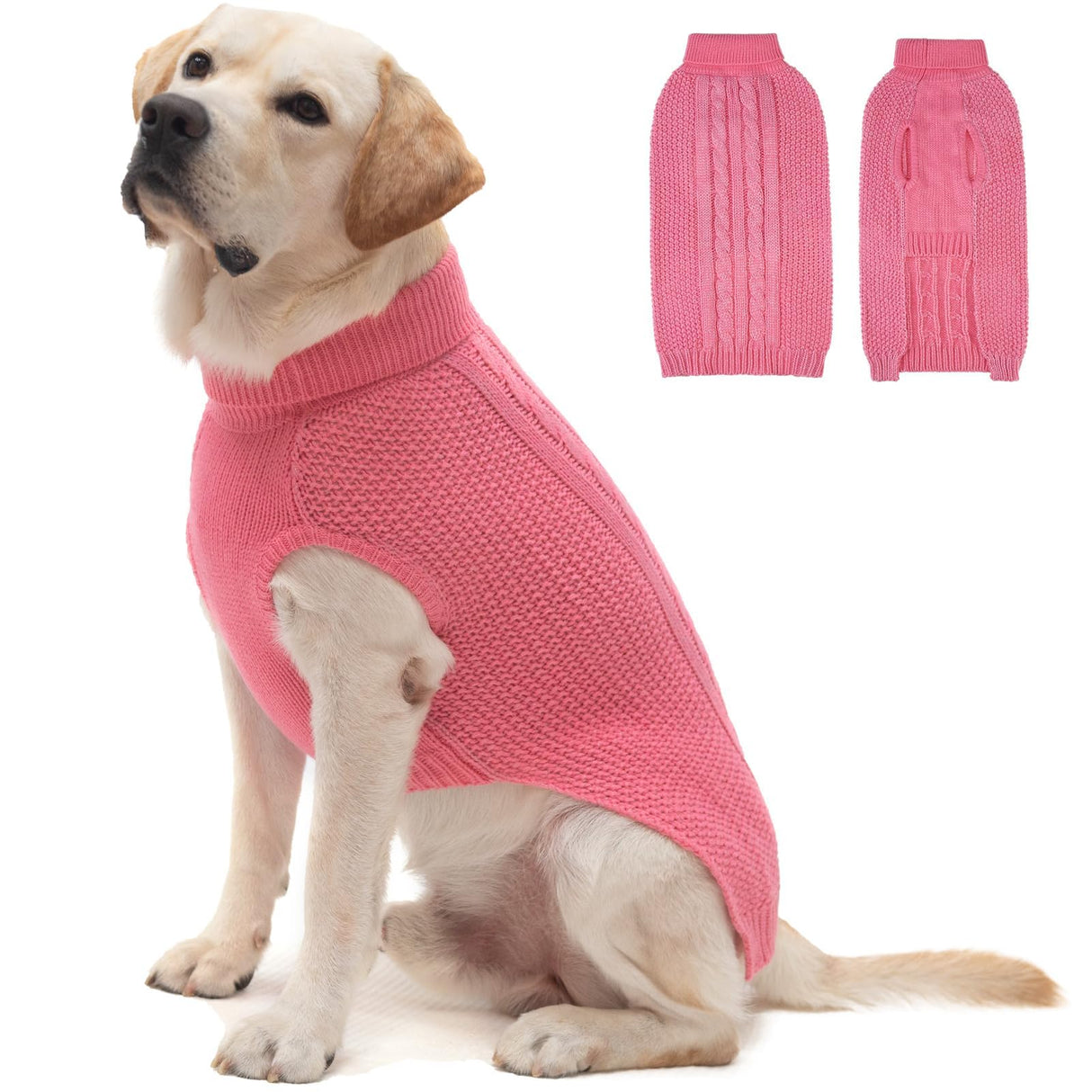K9meme Large Dog Sweater, Classic Cable Knit Warm Dog Sweatshirt with Reflective Yarn for Girl Boy, Halloween Fall Winter Coat Turtleneck Pullover Clothes Apparel for Small Medium Large Dogs (Pink L)