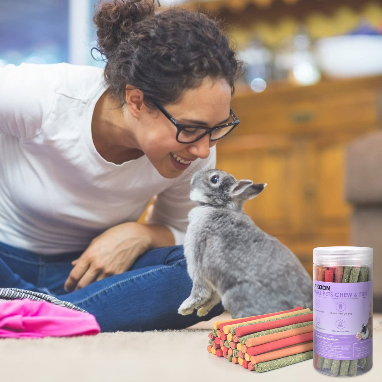 ERKOON 80Pcs Rabbit Timothy Hay Sticks, Five Flavors:PurplePotato/TimothyHay/Pumpkin/Strawberry/Carrot,Suitable Guinea Pig, Hamste, Gerbil, Chinchilla Treats, Chew Toys for Teeth for Bunnies 