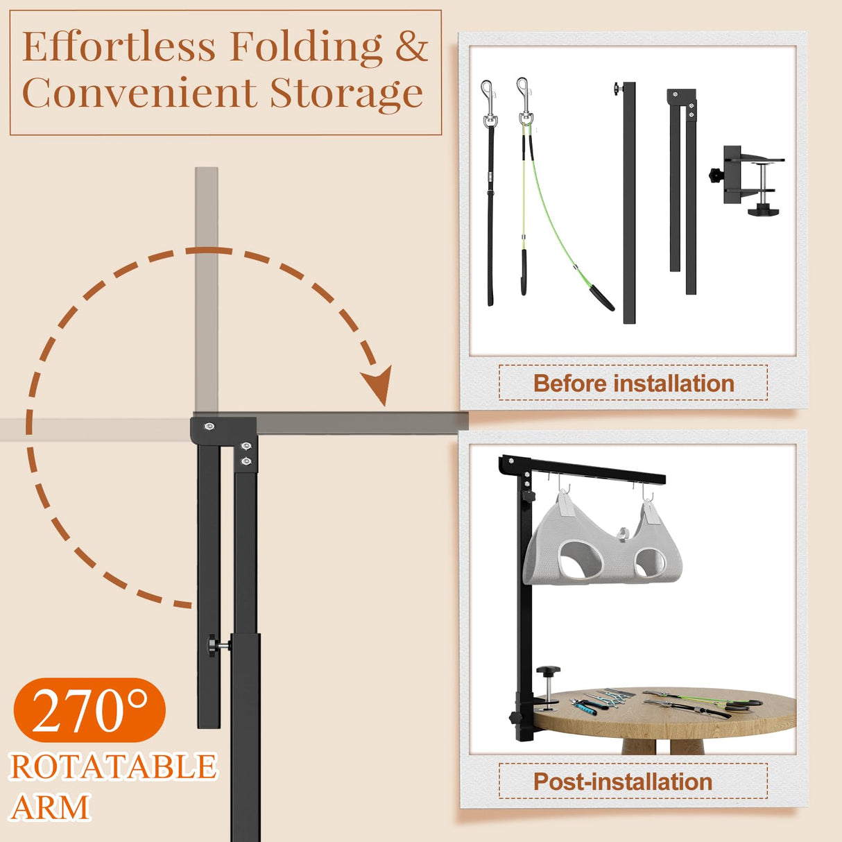Mot Ycse Professional Dog Grooming Table Arm with Hammock, Scissors, Nail Clipper Kit - Adjustable Grooming Arm Restraint System for Small Medium Pets at Home or Salon(Gray)